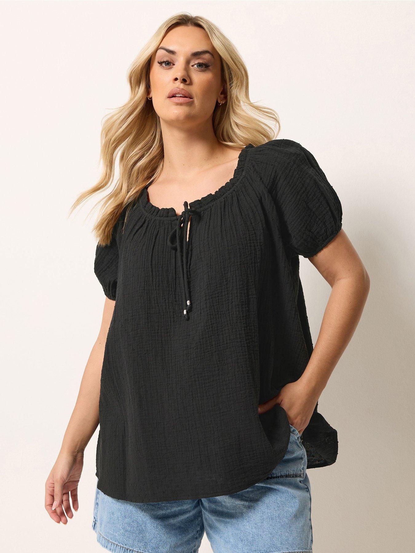 Yours Curve Cheesecloth Dobby Bardot Top - Black
