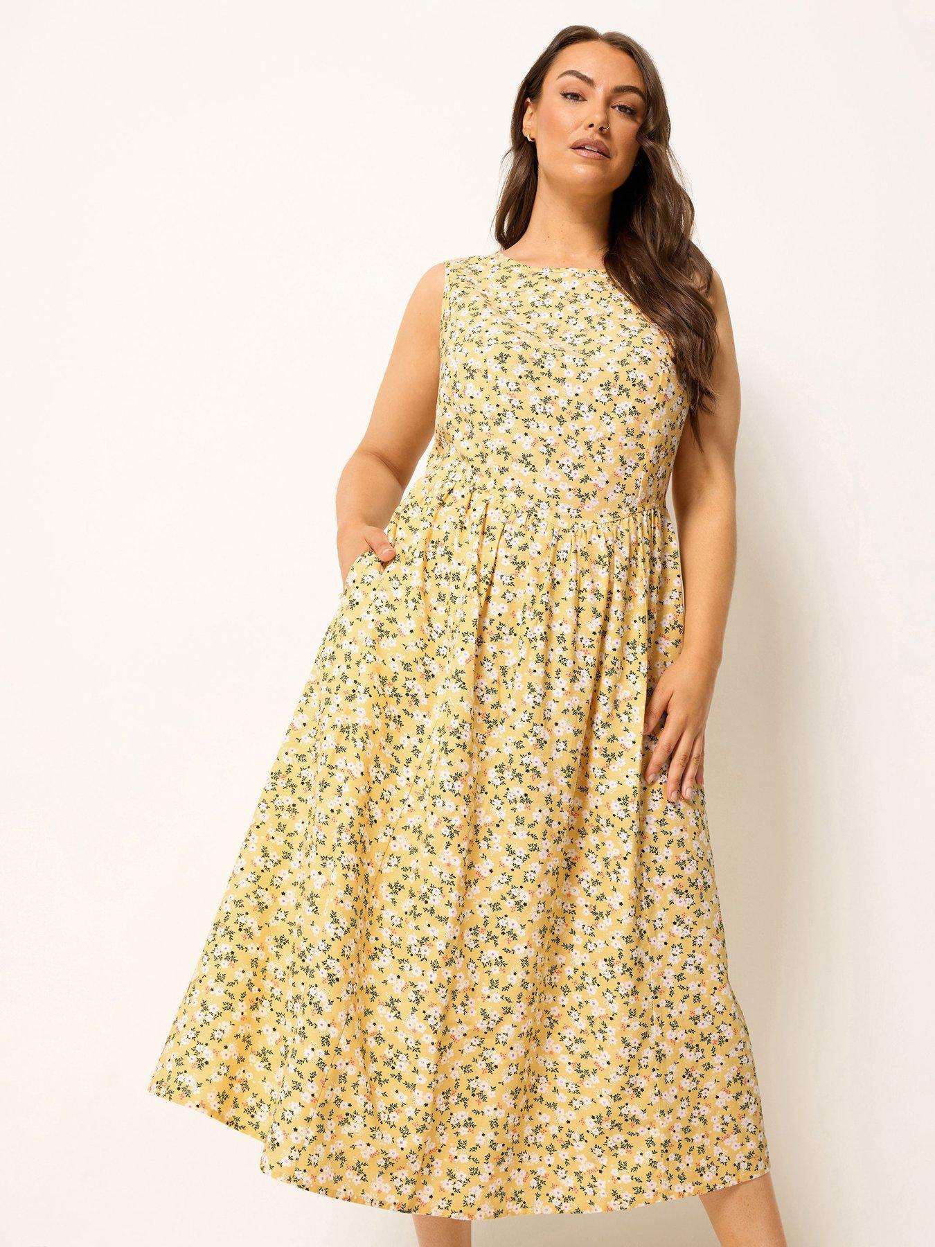 Image 1 of 5 of Yours Curveditsy Print Linen V Waist Midaxi Dress - Yellow