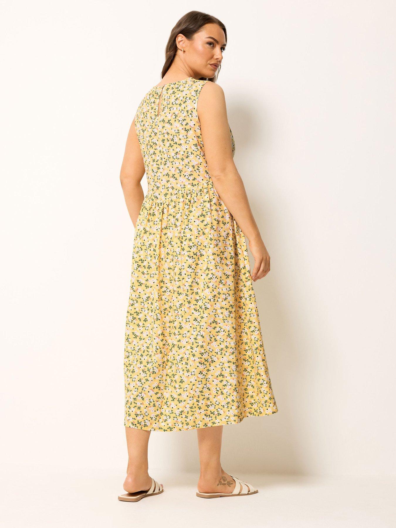 Image 2 of 5 of Yours Curveditsy Print Linen V Waist Midaxi Dress - Yellow