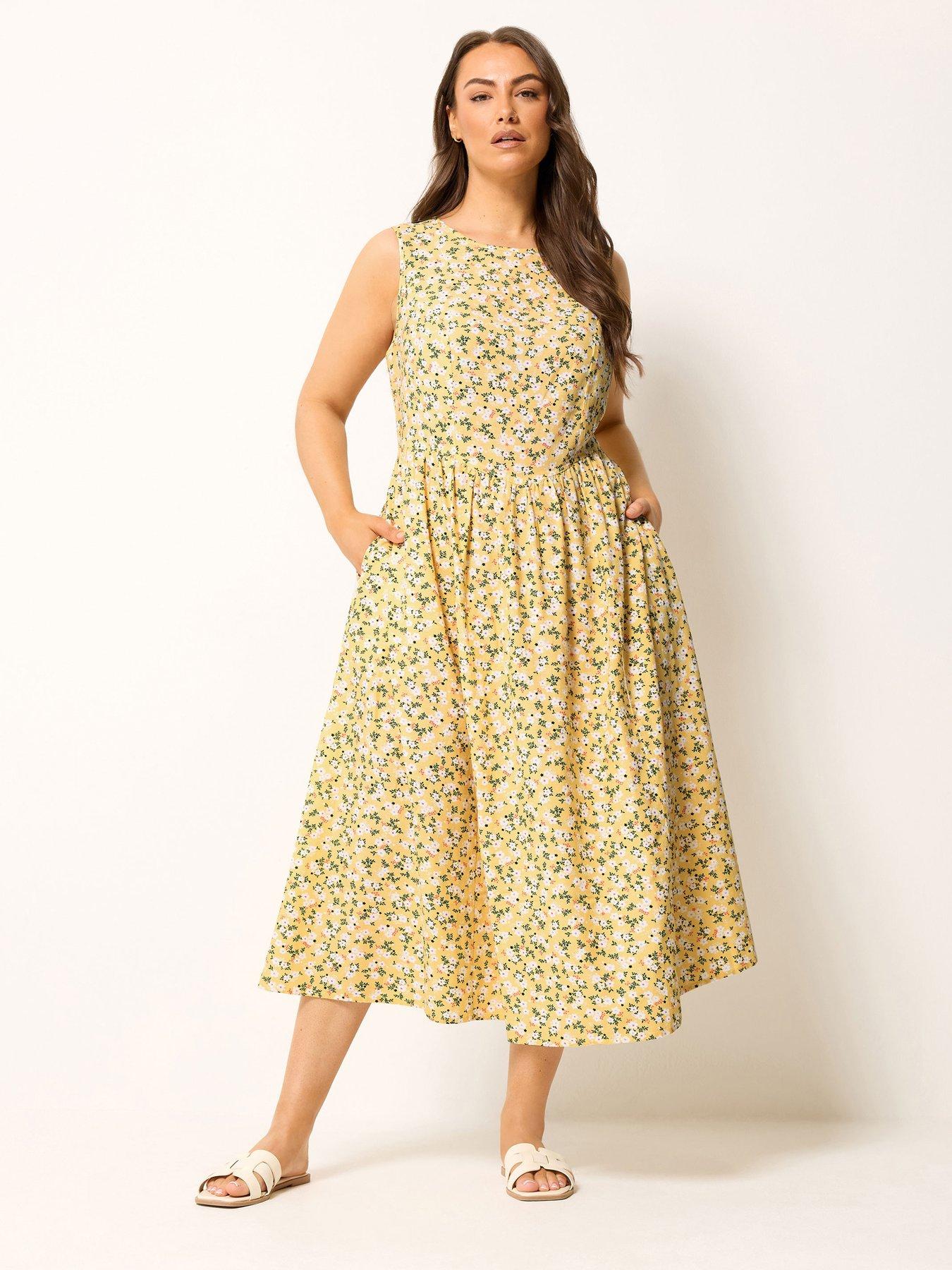 Image 3 of 5 of Yours Curveditsy Print Linen V Waist Midaxi Dress - Yellow
