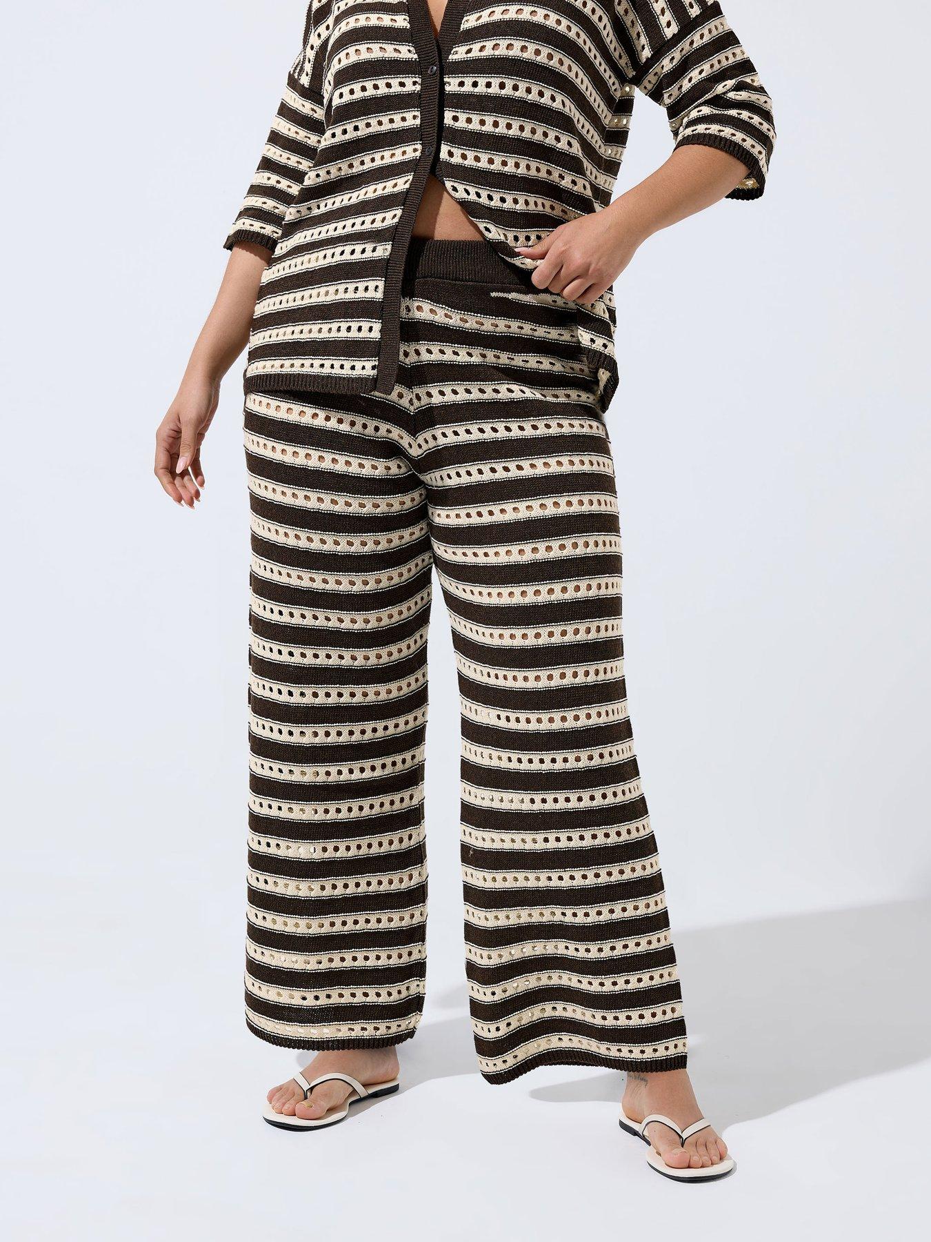 Yours Curve Knit Stripe Print Trousers - Brown