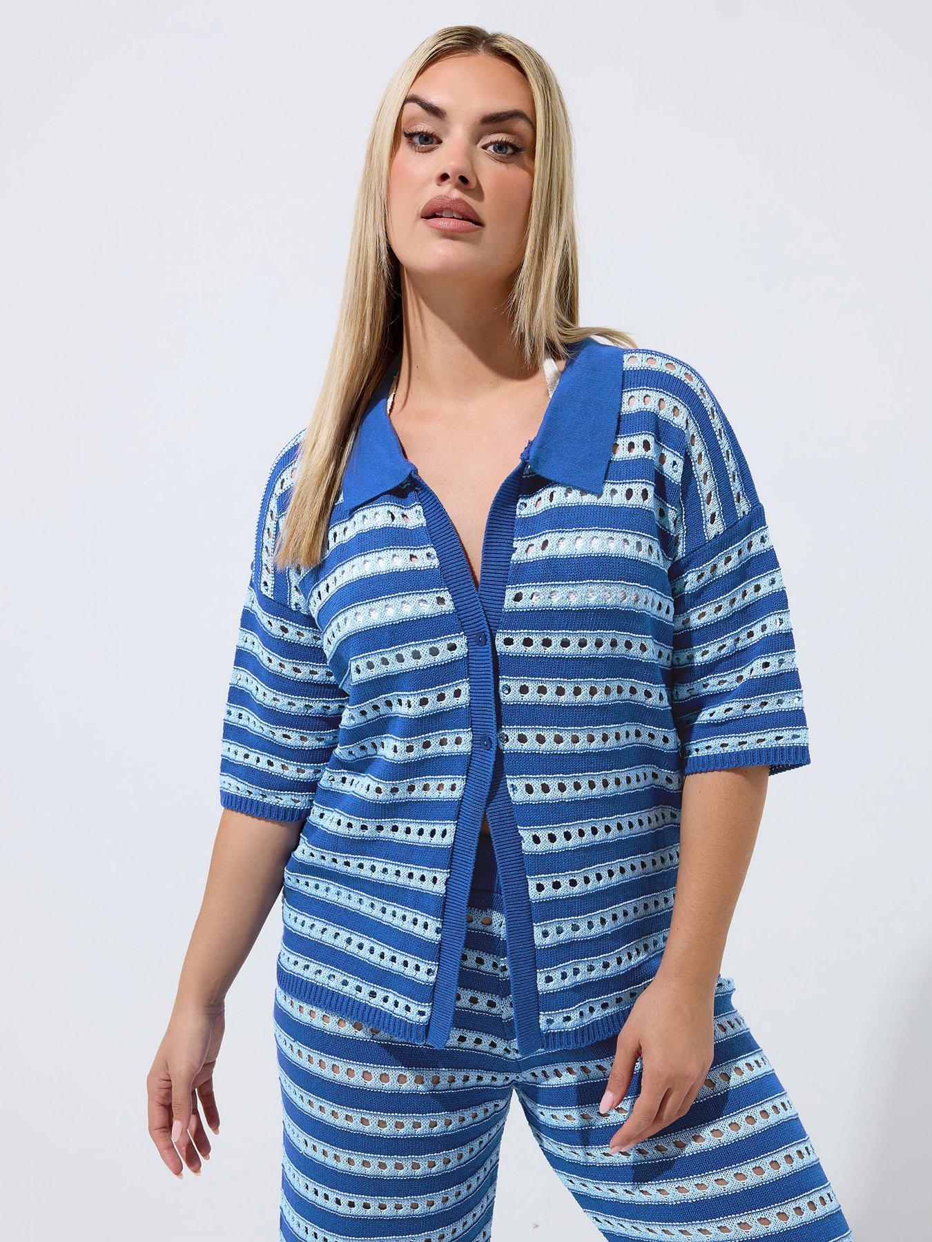 Yours Curve Stripe Knit Shirt - Blue