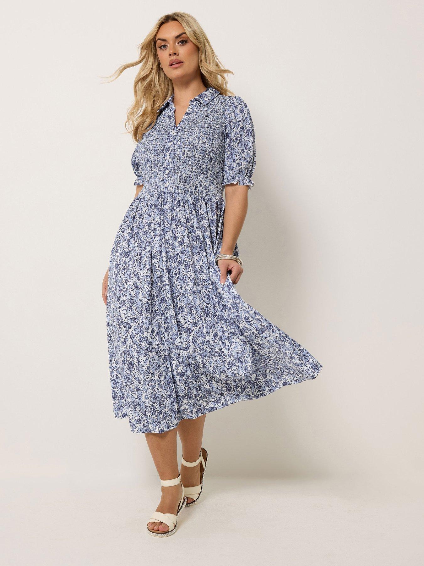 Yours Curve Shirred Short Sleeve Maxi Dress - Blue