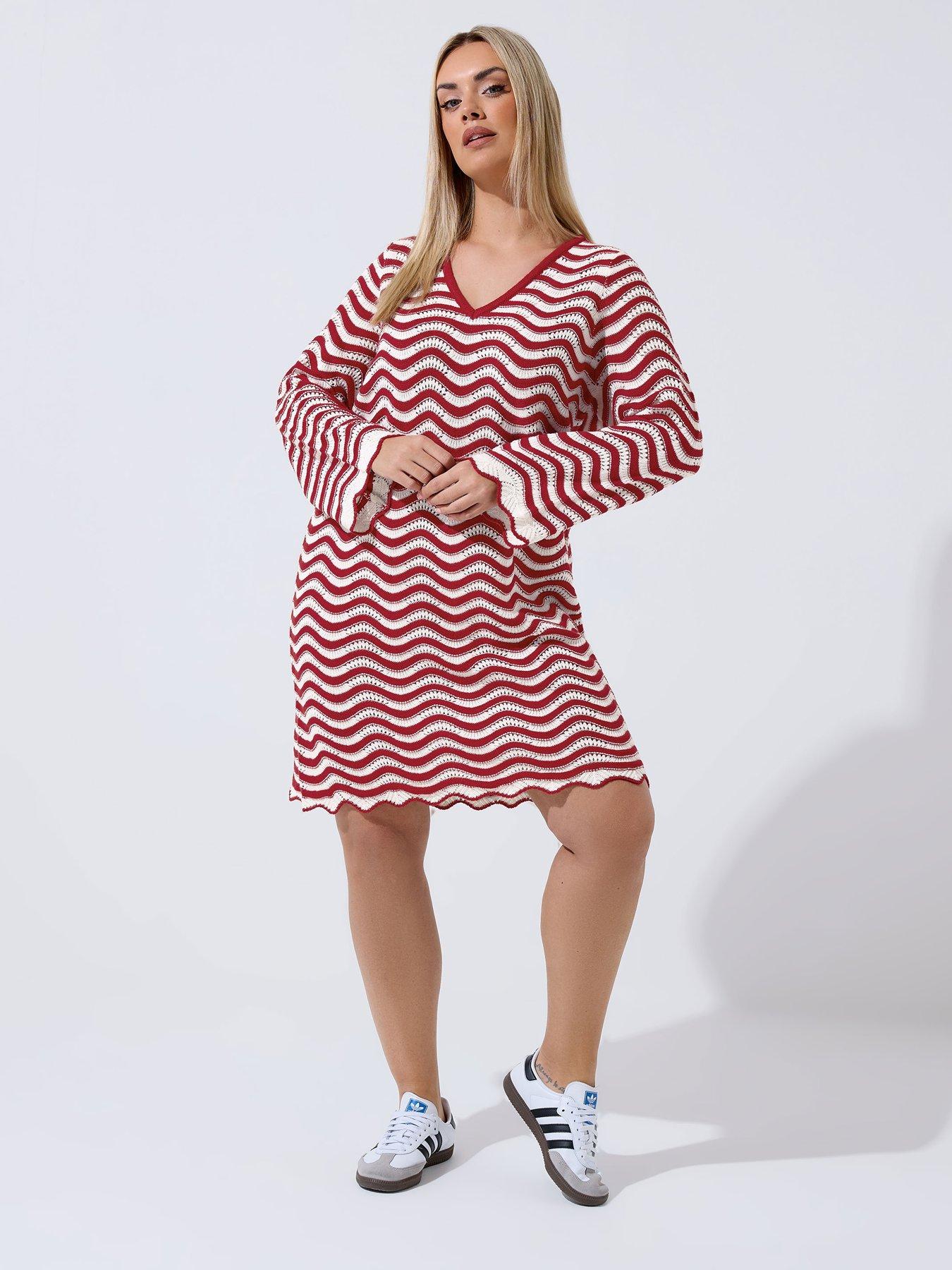 Yours Curve Crochet Stripe Dress - Red