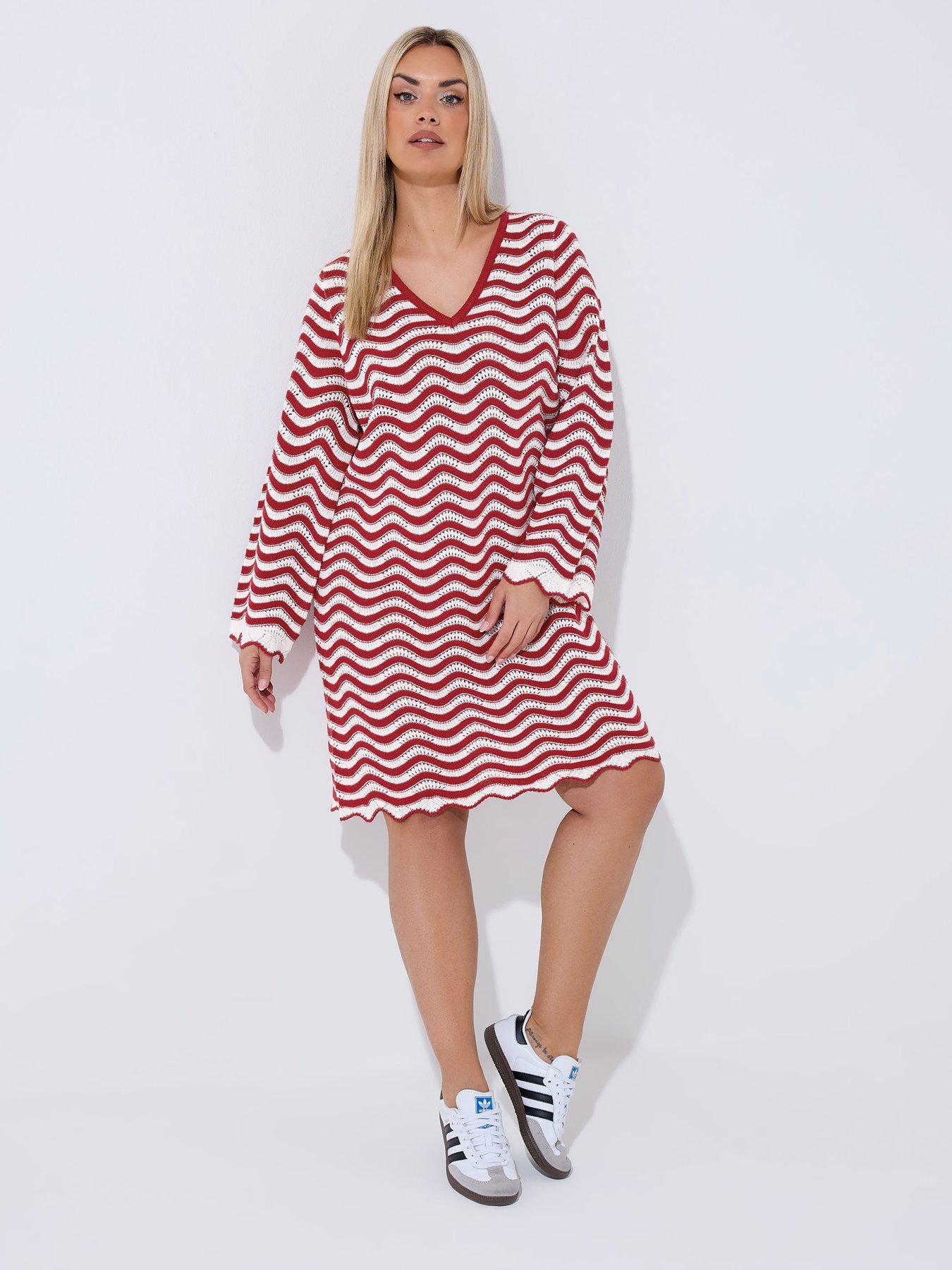 Image 3 of 4 of Yours Curve Crochet Stripe Dress - Red