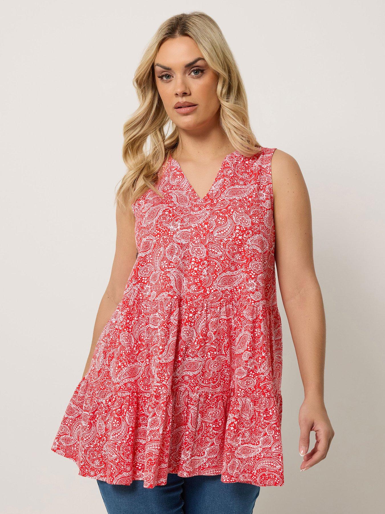 Yours Curve Notch Neck Paisley Print Tiered Vest - Black