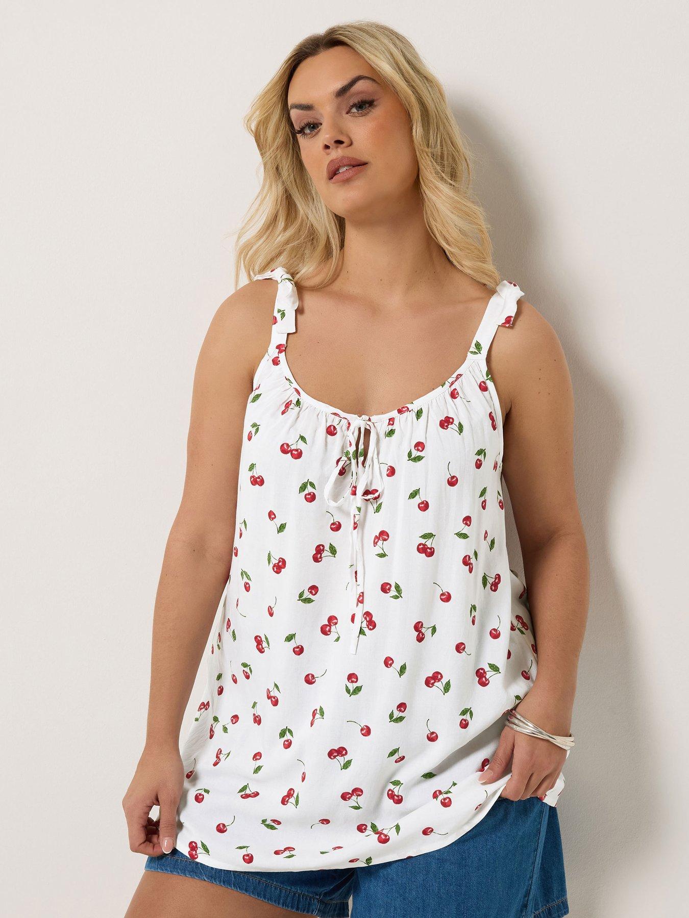 Yours Curve Cherry Print Vest Top - Black