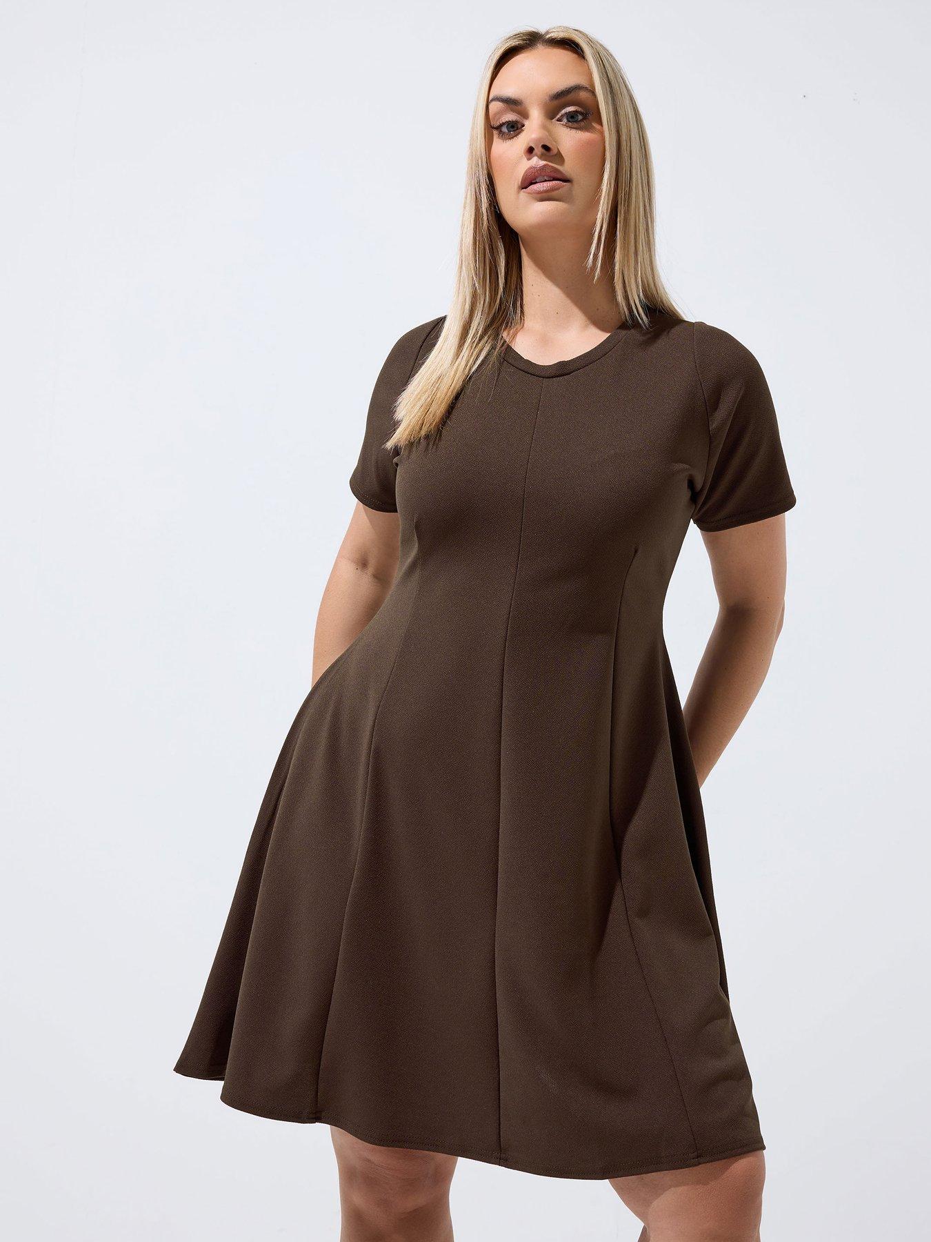 Yours Curve Skater Pleat Dress - Brown