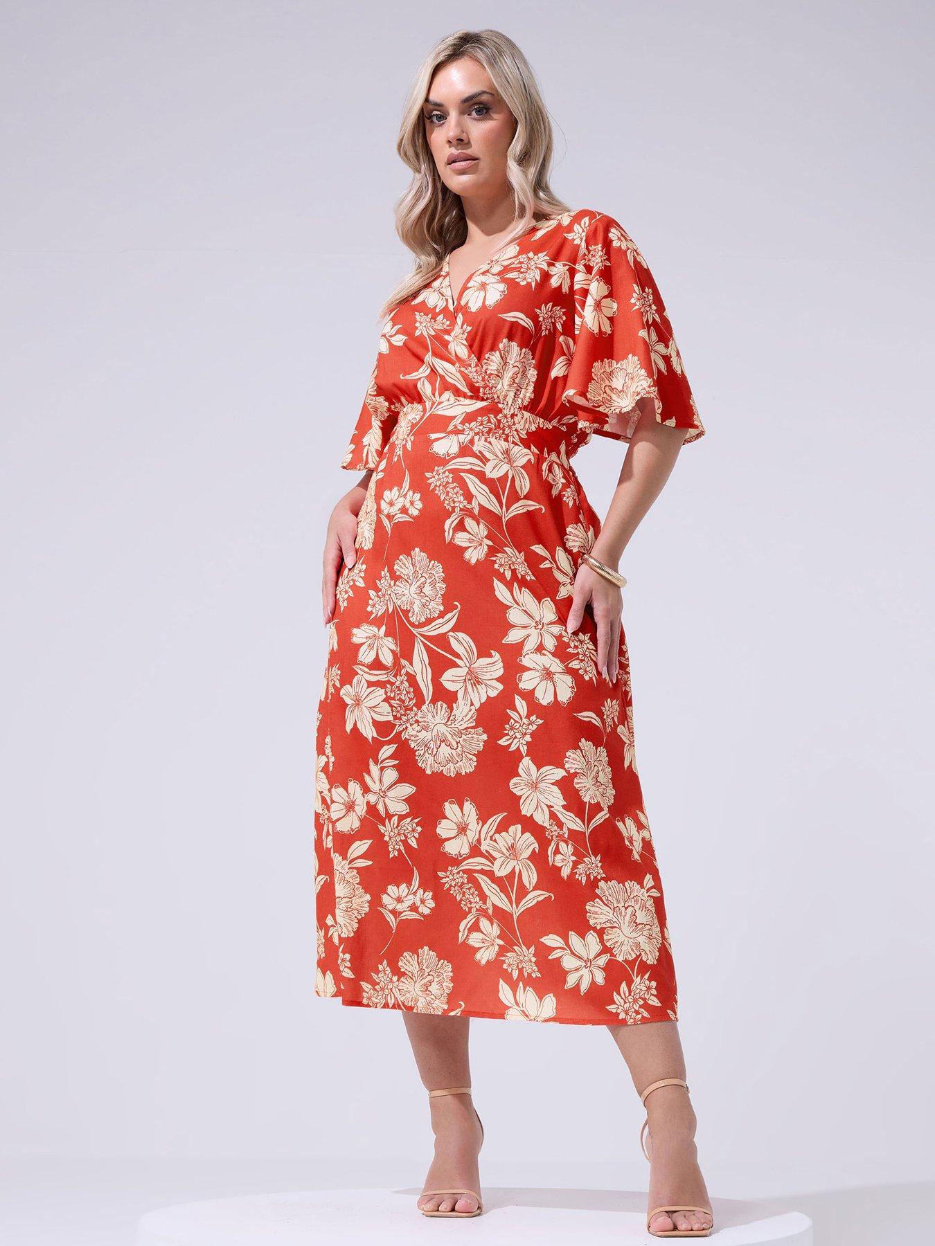 Image 1 of 4 of Yours Curve Floral Linen Look Wrap Dress