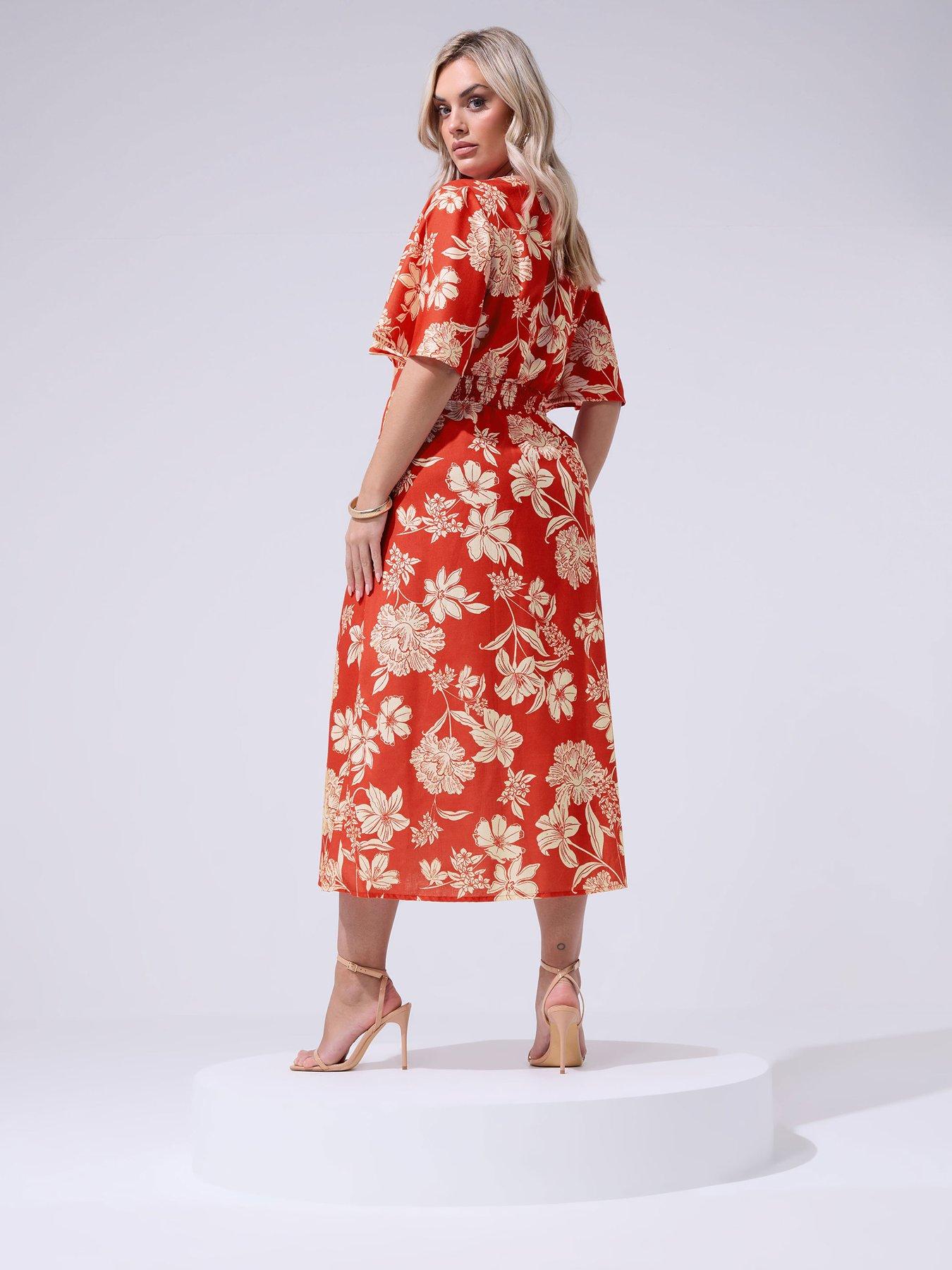 Image 2 of 4 of Yours Curve Floral Linen Look Wrap Dress