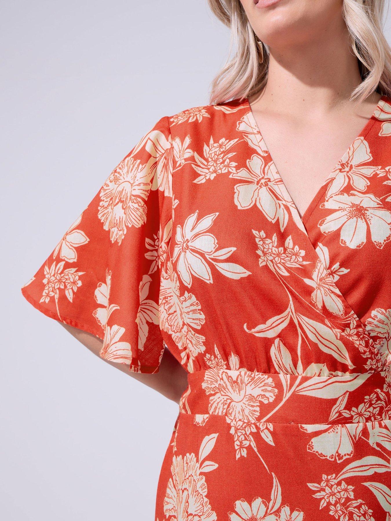 Image 4 of 4 of Yours Curve Floral Linen Look Wrap Dress