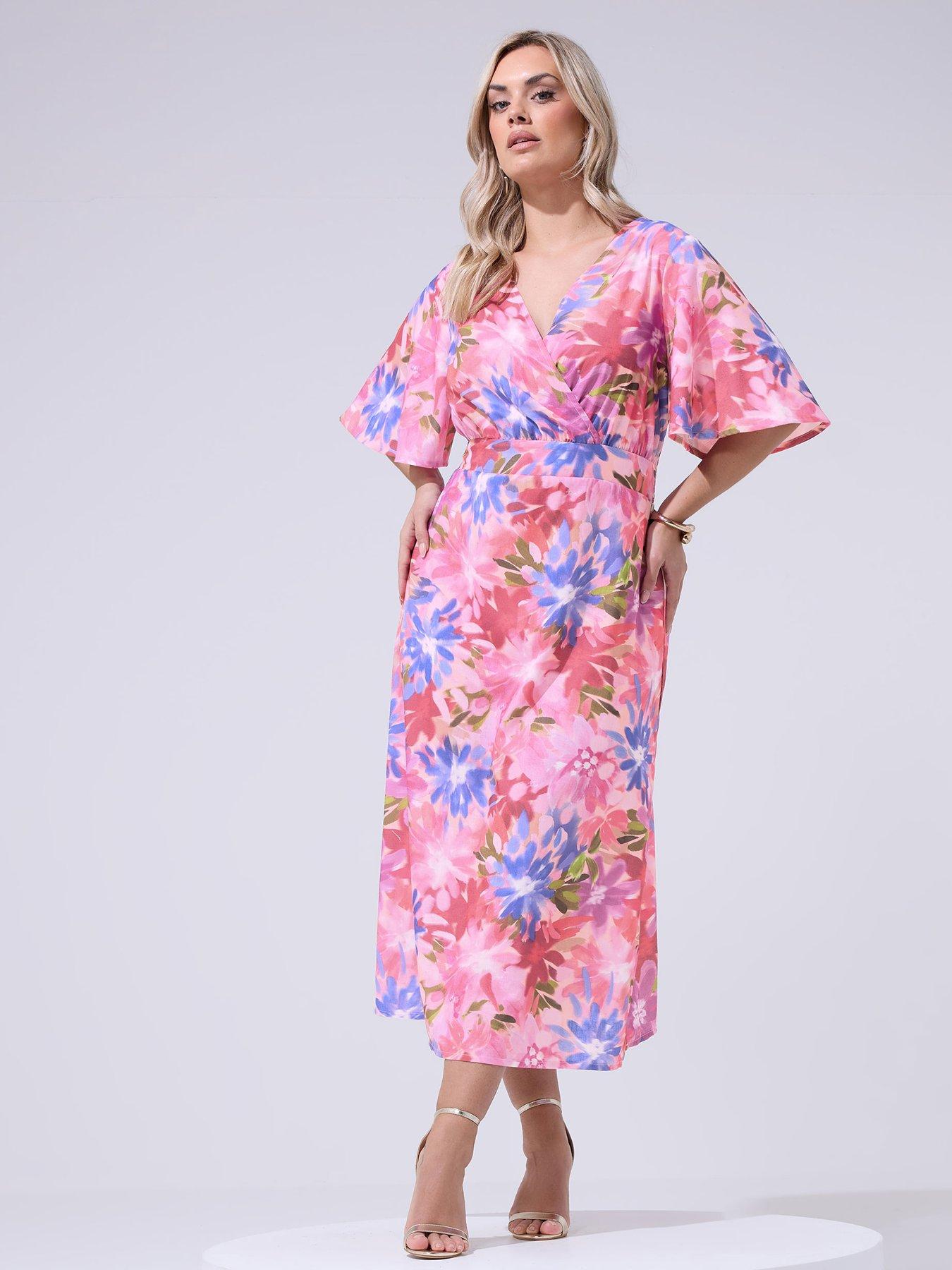 Image 1 of 4 of Yours Curve Floral Linen Look Wrap Dress
