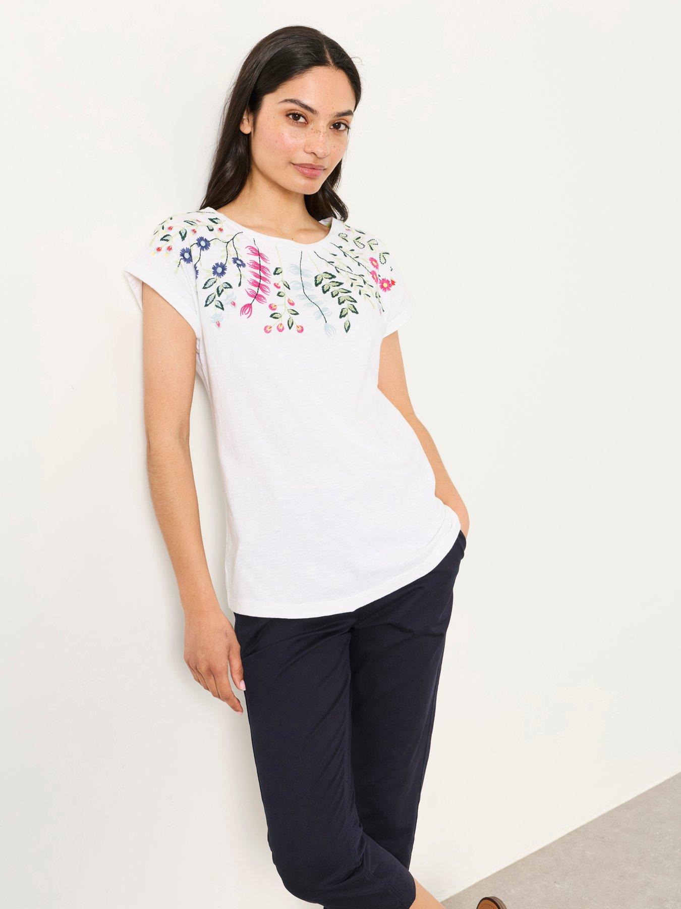 Image 1 of 6 of FatFace Embroidered Floral T-Shirt - Cream