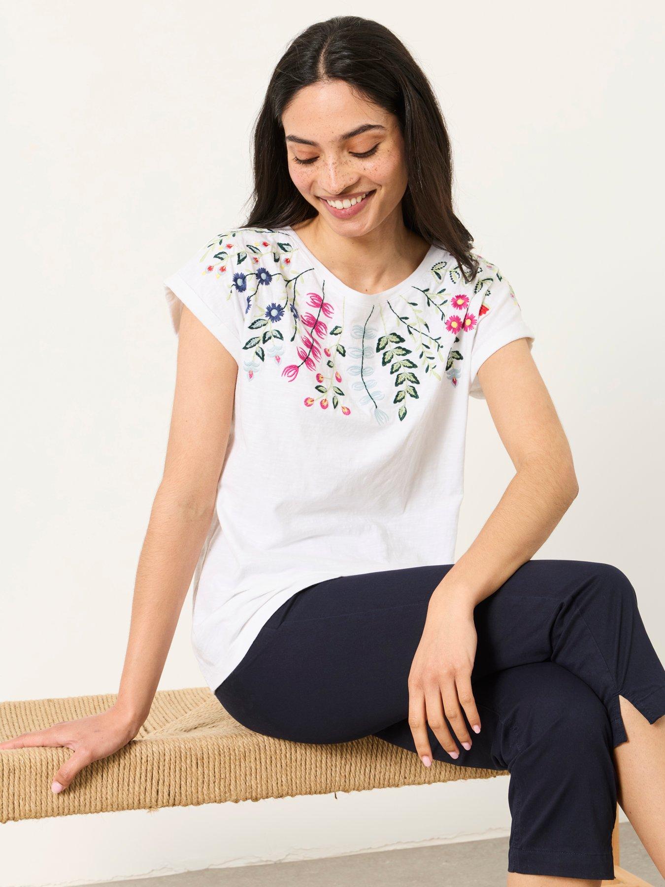 Image 4 of 6 of FatFace Embroidered Floral T-Shirt - Cream