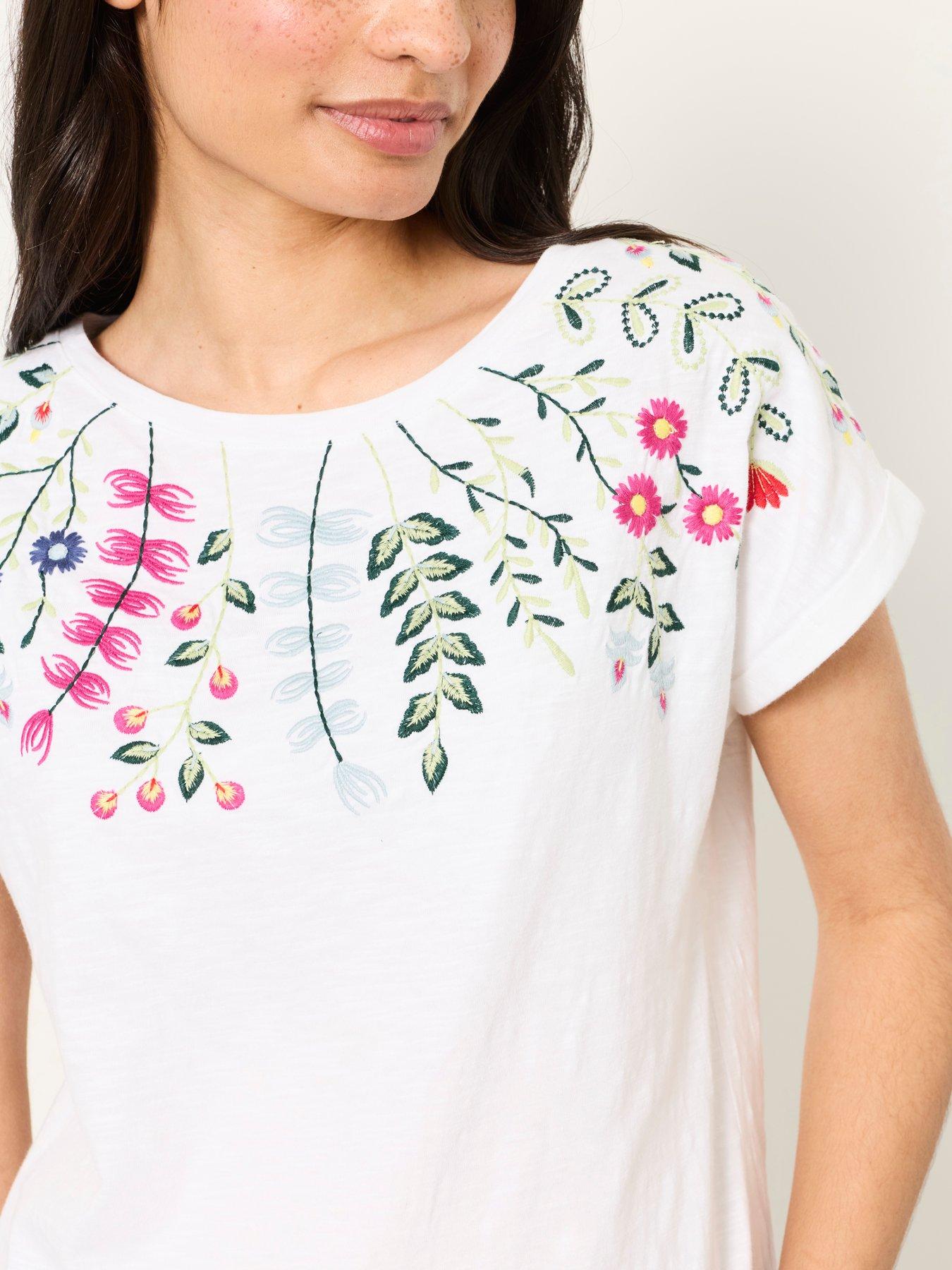 Image 5 of 6 of FatFace Embroidered Floral T-Shirt - Cream