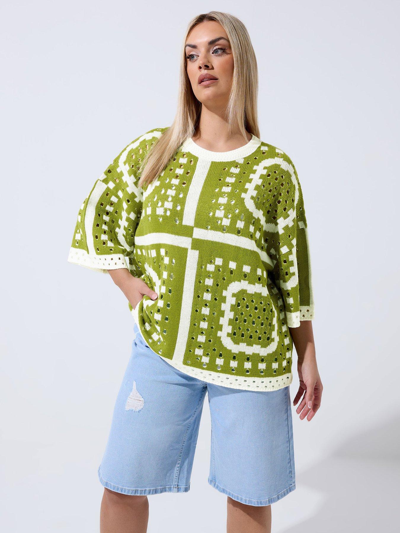 Yours Curve Crochet Boxy Top - Green