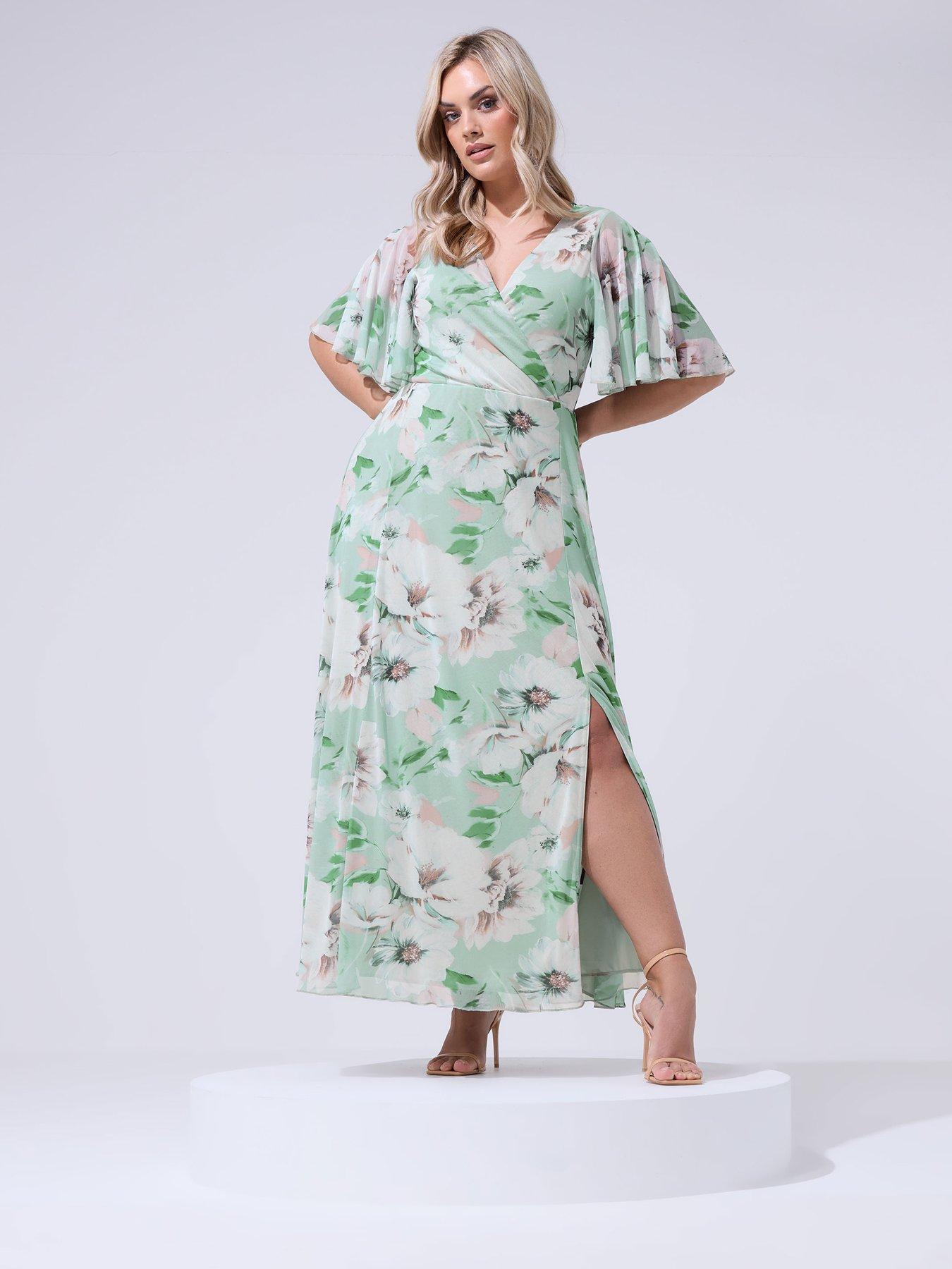 Image 3 of 4 of Yours Curve Floral Wrap Mesh Dress