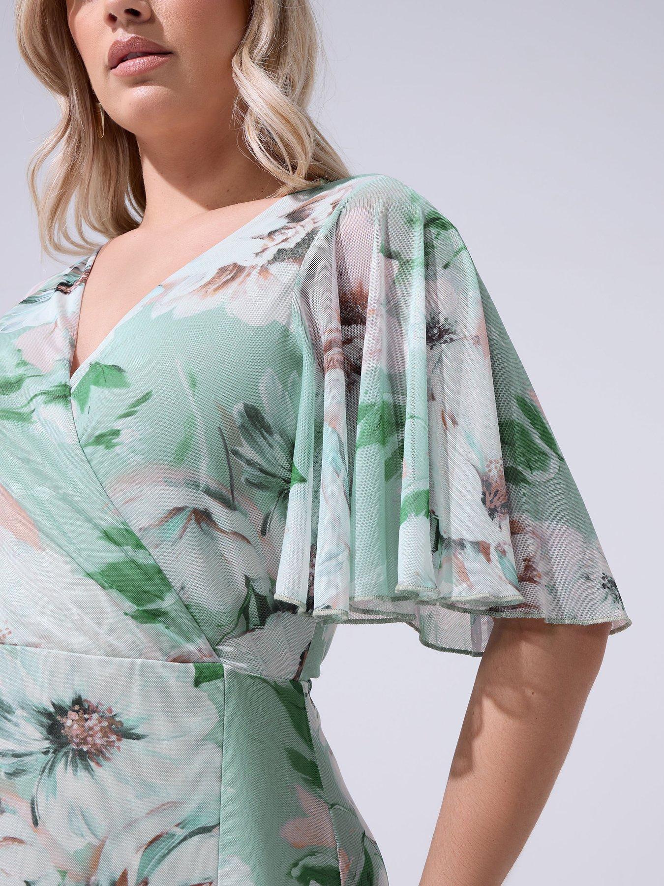 Image 4 of 4 of Yours Curve Floral Wrap Mesh Dress