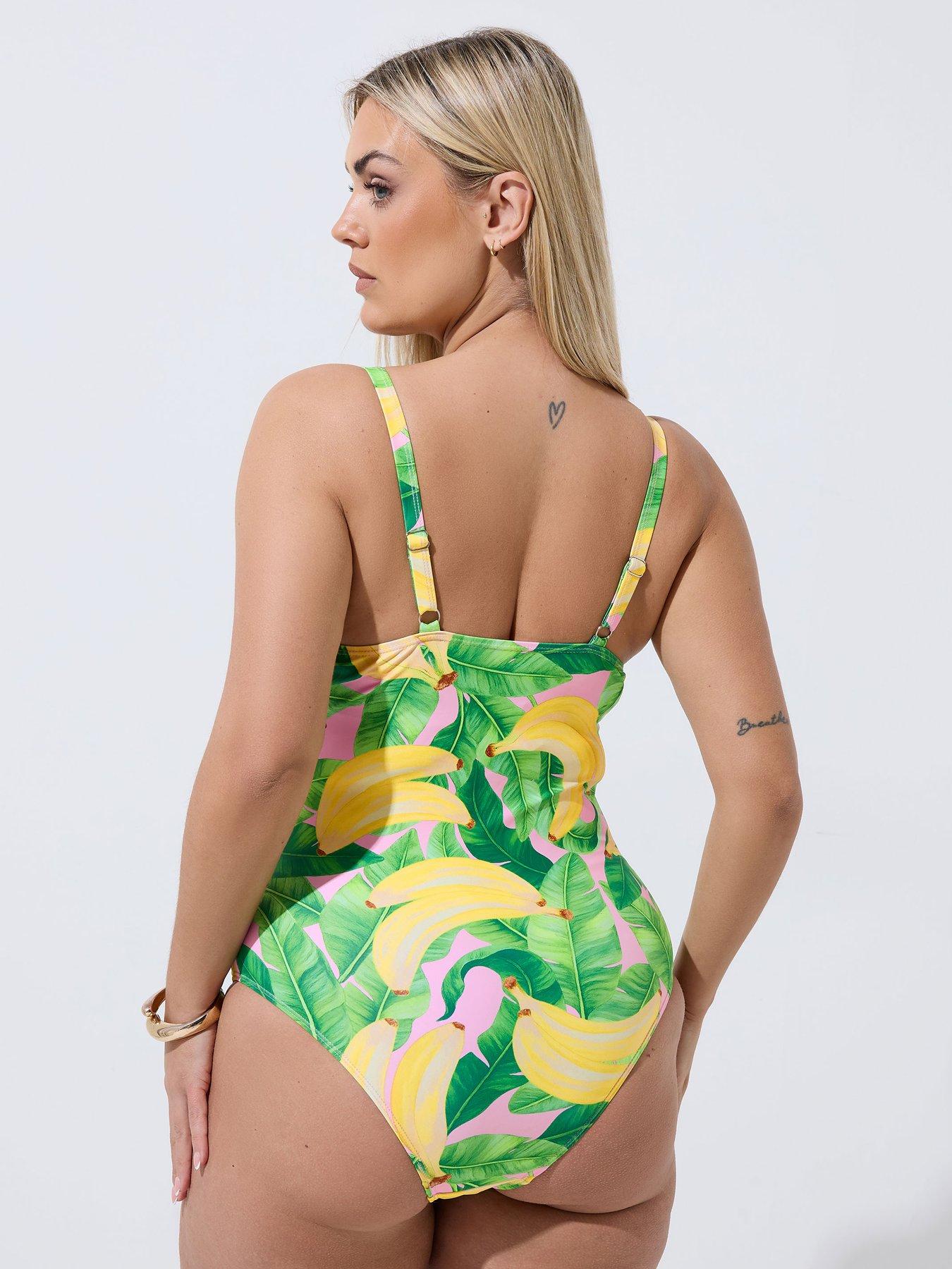 Image 2 of 5 of Yours Curve Banana Print Swimsuit - Green