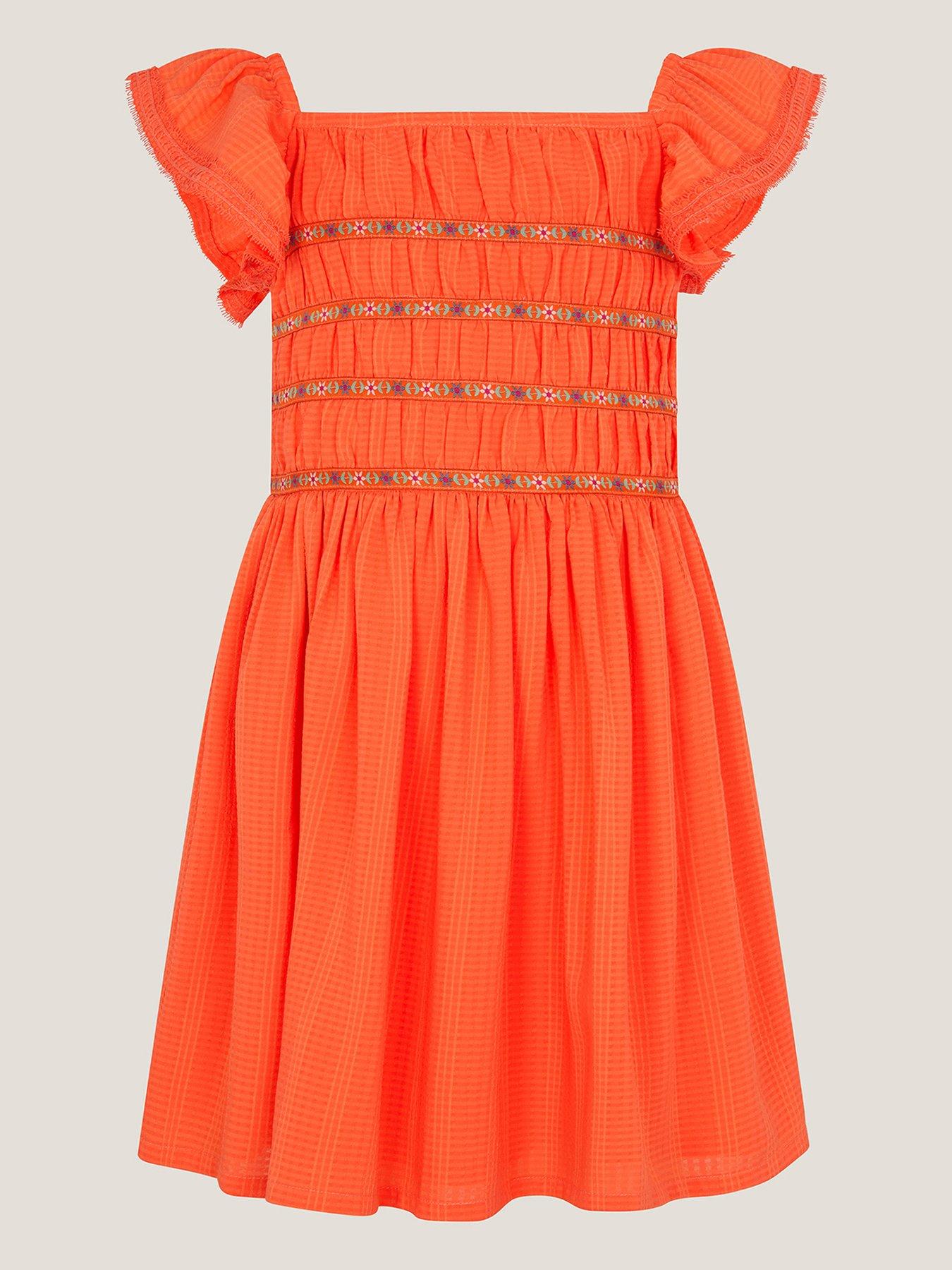 Monsoon Girls Orange Textured Shirred Dress, Orange, Size 11-12 Years