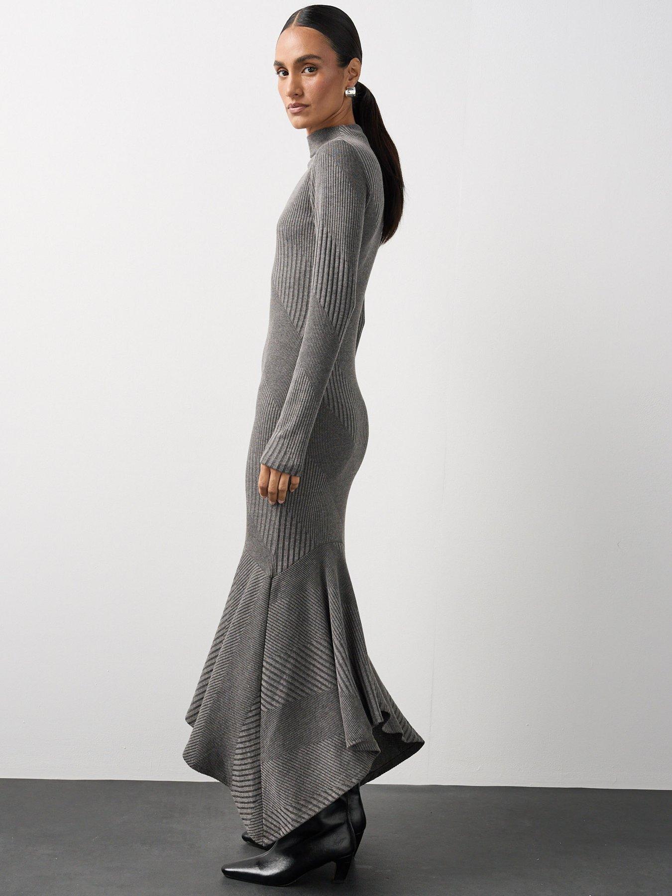 grey midaxi dress Michelle Keegan Asymmetric Hem - Burda Style Sewing pattern Buttons