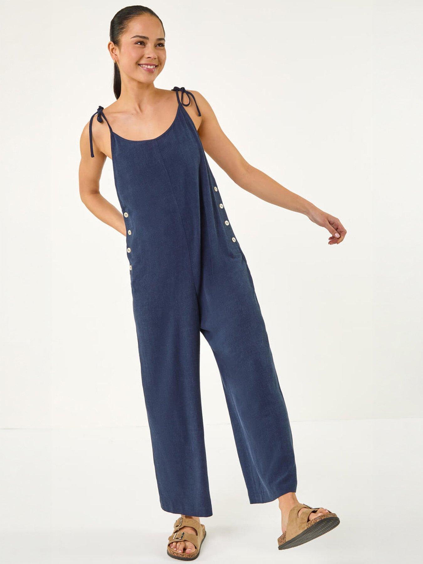 Image 1 of 5 of Roman Petite Strappy Tie Button Jumpsuit