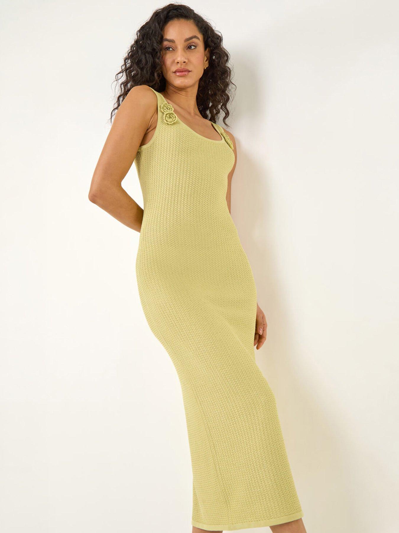 Roman Dusk Flower Embroidered Knit Midi Dress