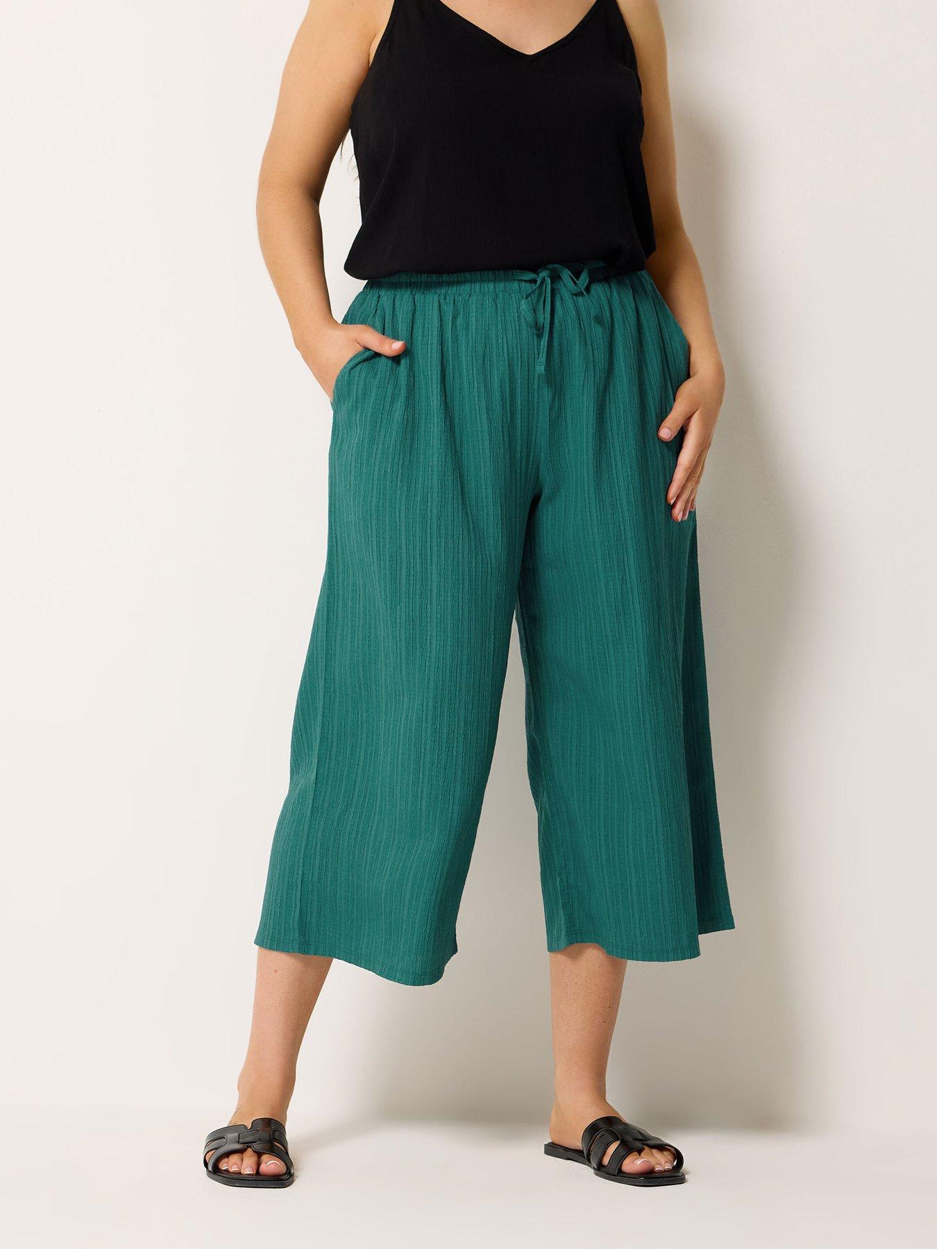 Image 1 of 4 of Yours Curve Textured Crop Trousers - Green