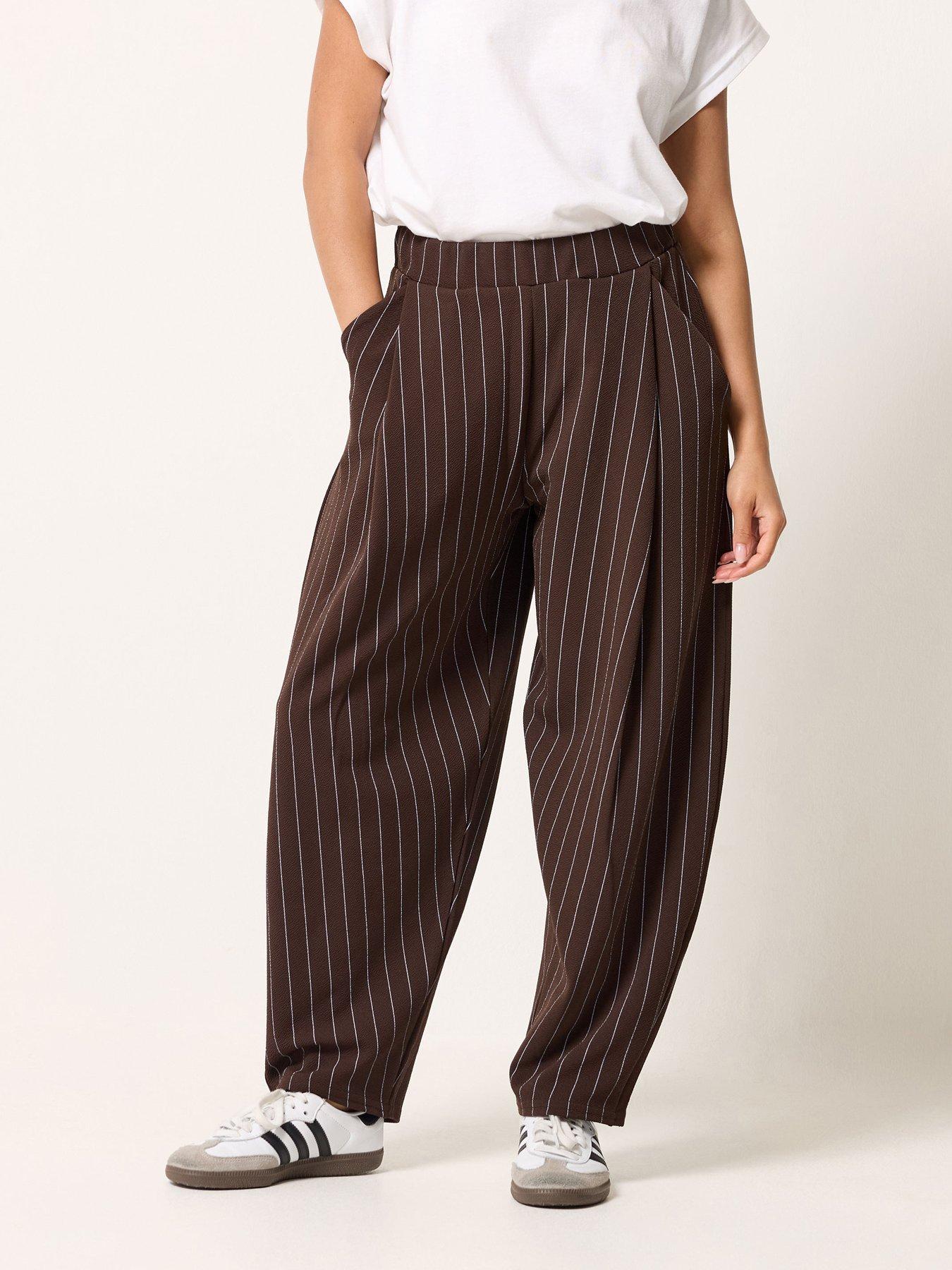 Image 1 of 5 of PixieGirl Petite Stripe Wide Leg Trousers - Brown