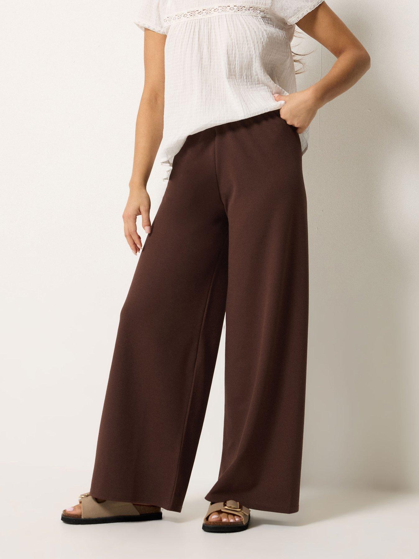 PixieGirl Petite Stripe Wide Leg Scuba Trousers - Brown