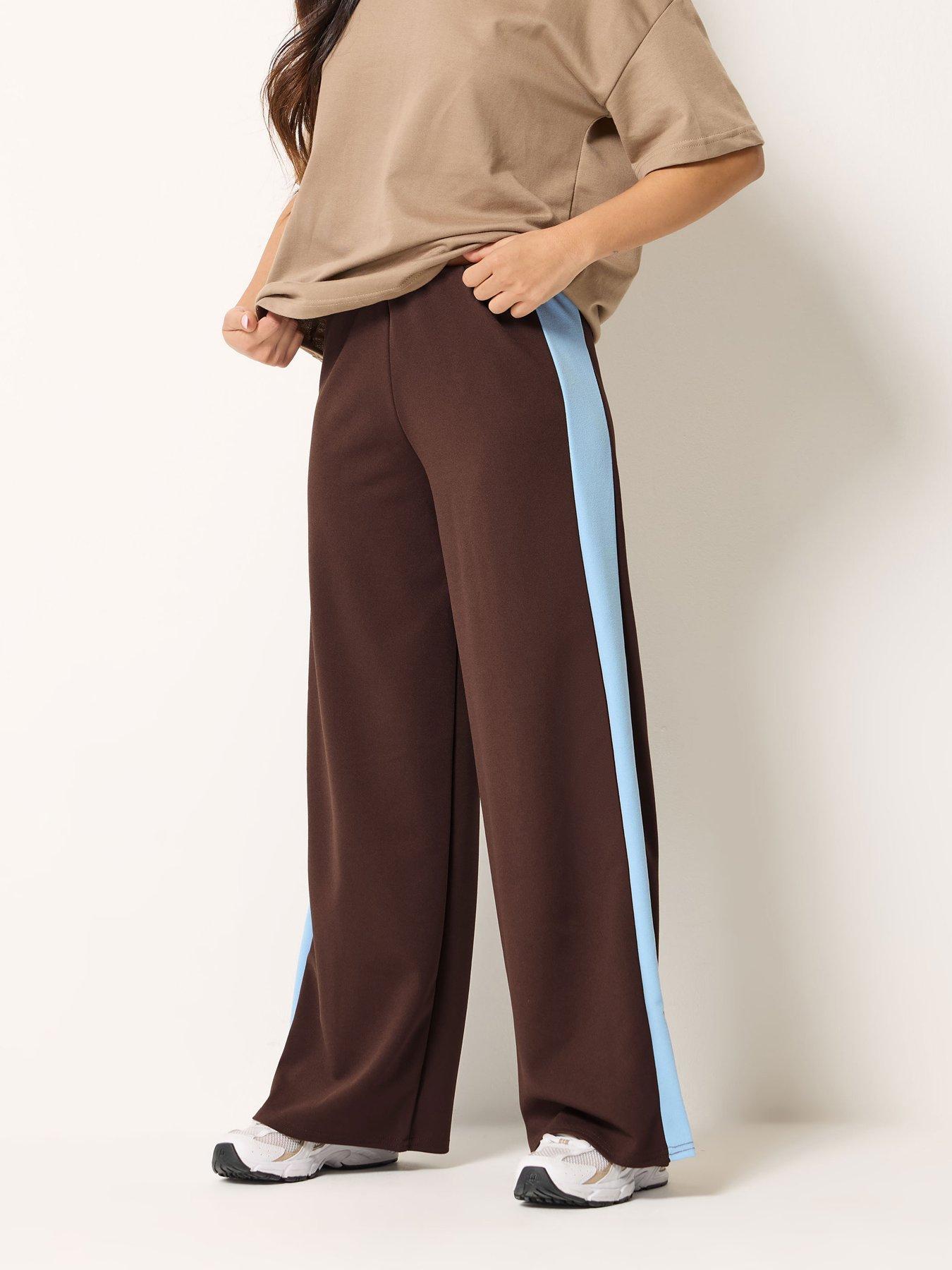 PixieGirl Petite Stripe Wide Leg Scuba Trousers - Brown