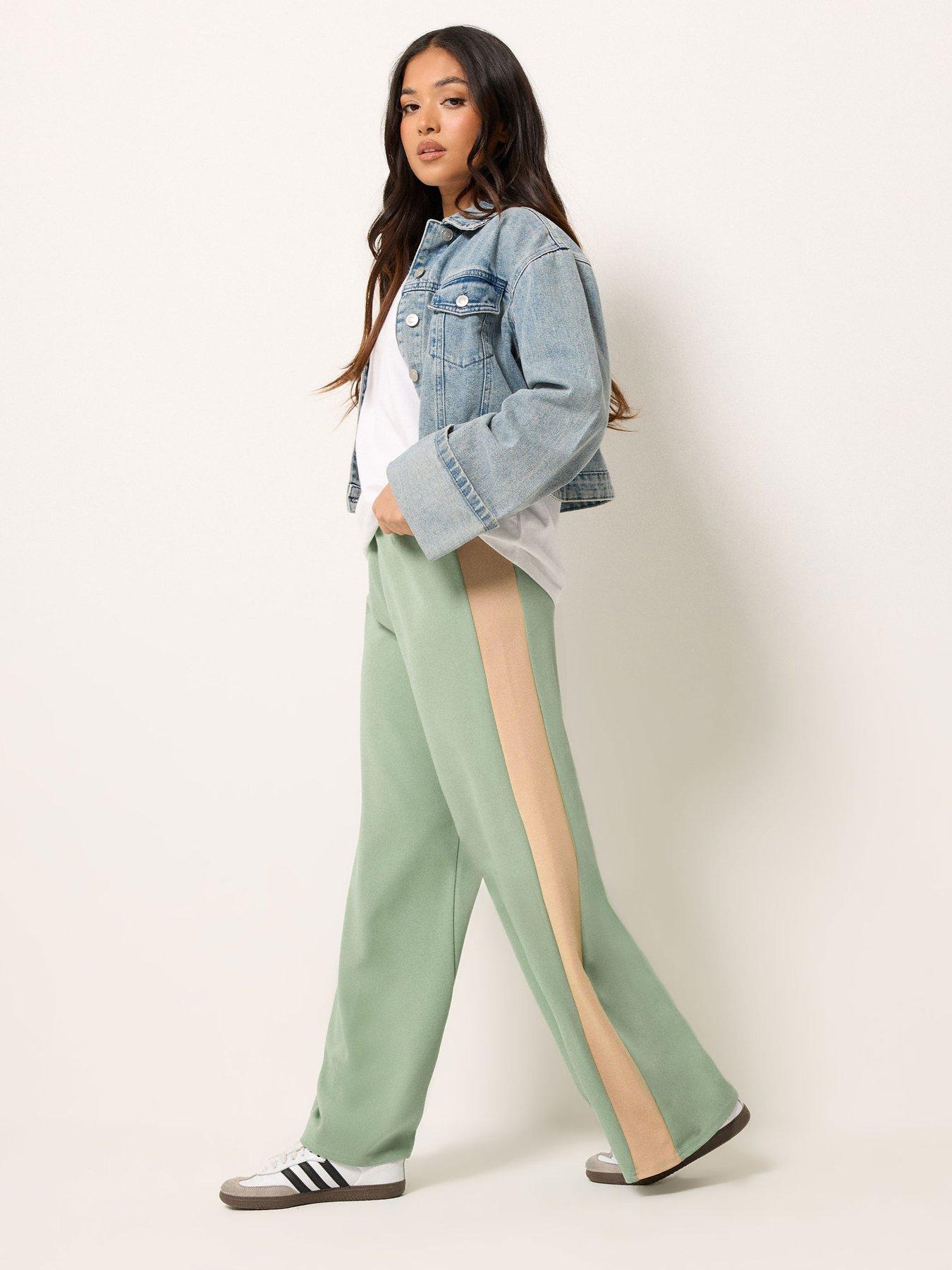 PixieGirl Petite Stripe Wide Leg Scuba Trousers - Green
