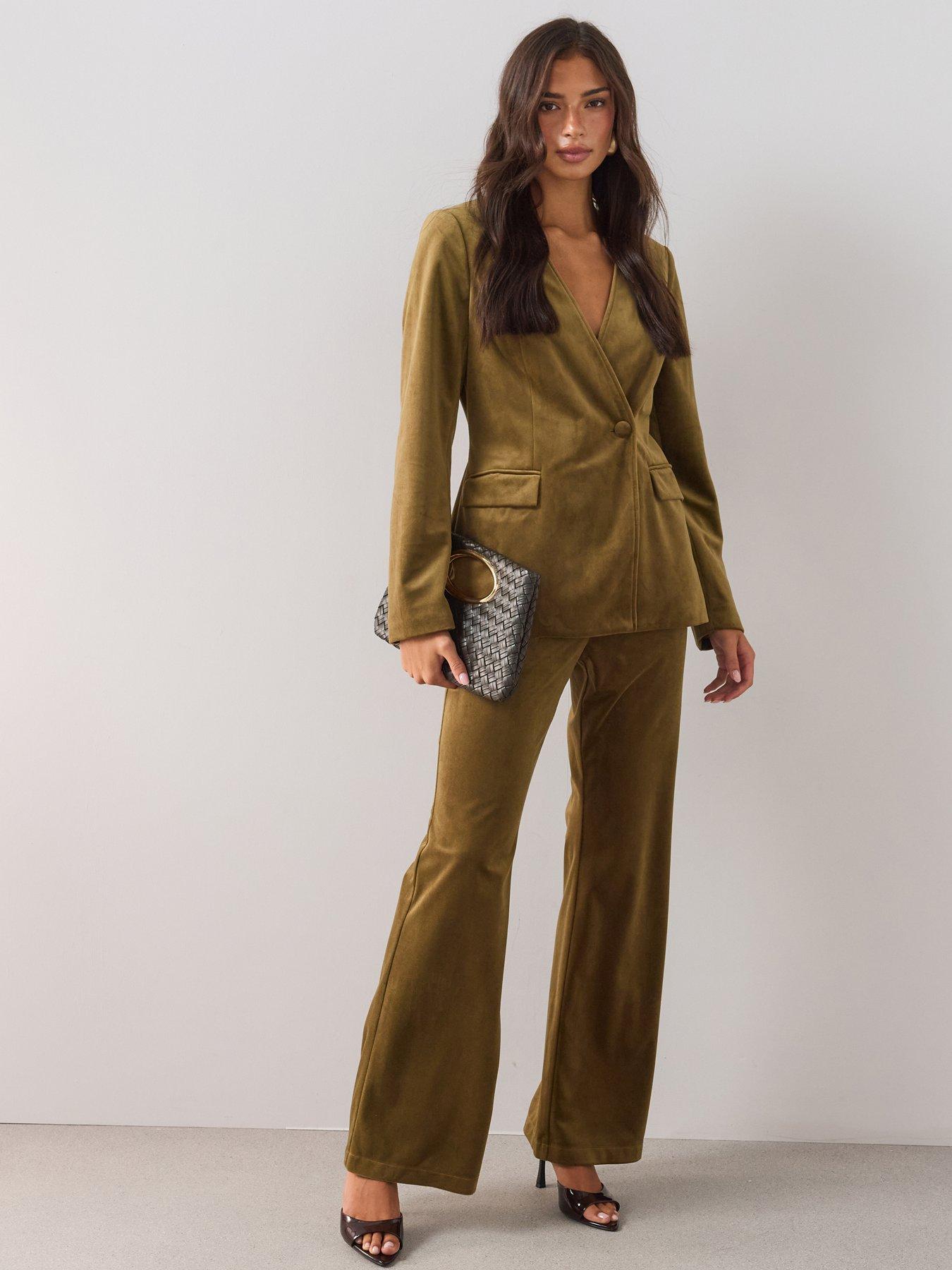 Image 1 of 7 of The Very Collection Womens Wide Leg &nbsp;Velvet Trousers - Olive