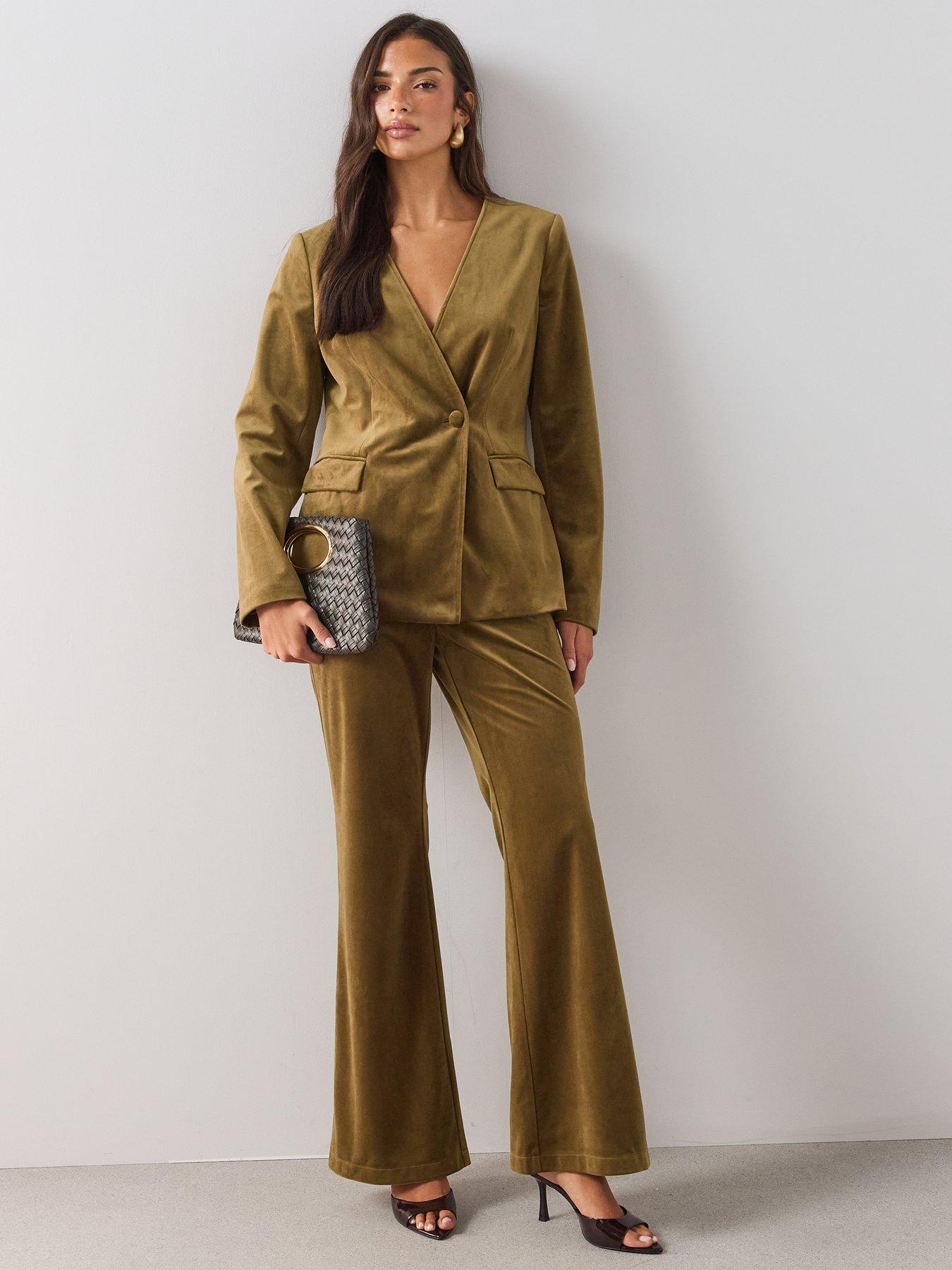 Image 3 of 7 of The Very Collection Womens Wide Leg &nbsp;Velvet Trousers - Olive