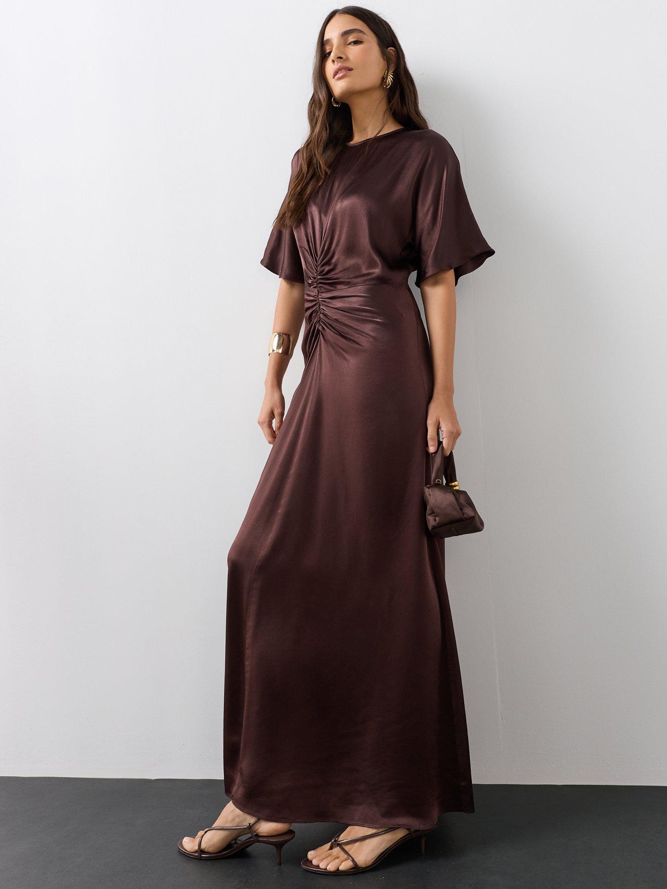 Image 3 of 7 of The Very Collection Womens Ruched Satin-Look Maxi Dress - Brown