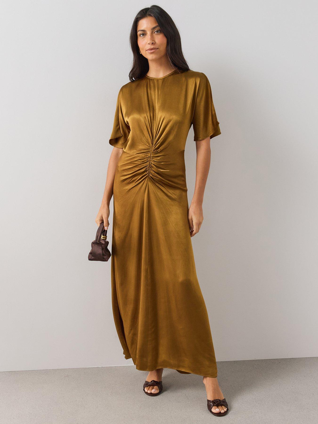 Image 1 of 7 of The Very Collection Womens Ruched Satin Maxi Dress - Olive