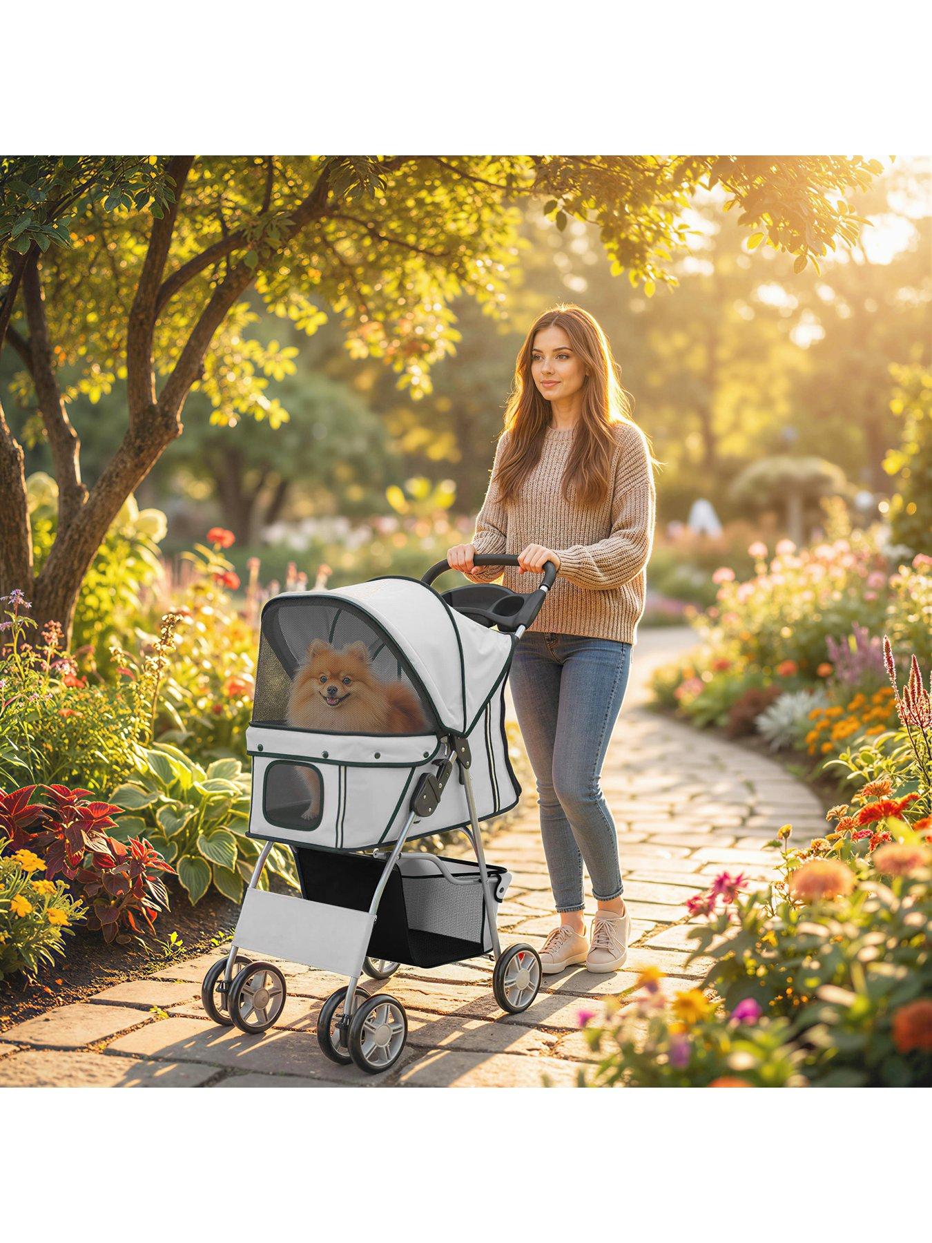 PawHut PawHut Pet Stroller for Small Dogs Cats Foldable Travel Carriage with Wheels Zipper Entry Cup Holder Storage Basket Grey