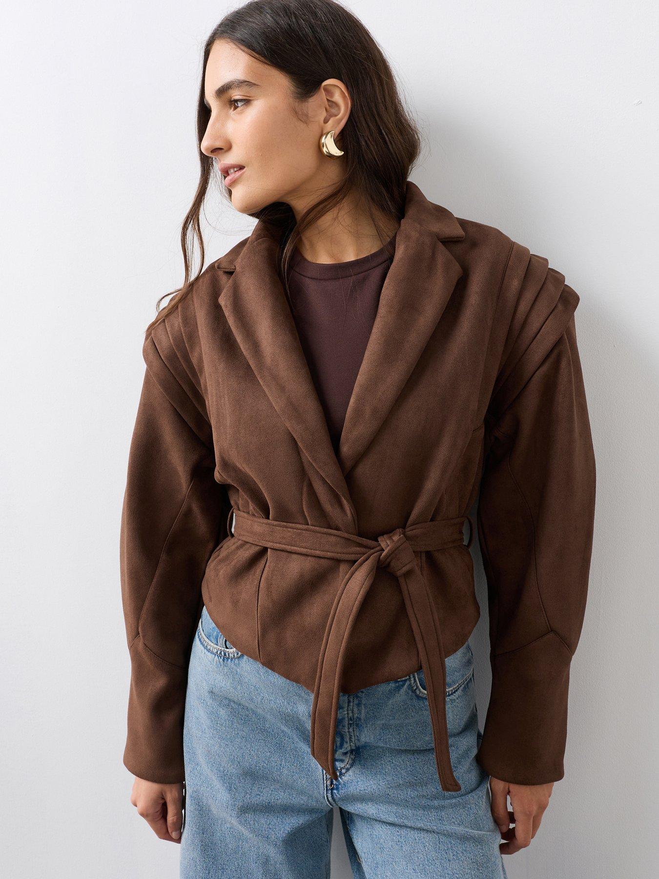 The Very Collection Belted Faux Suede Jacket - Brown