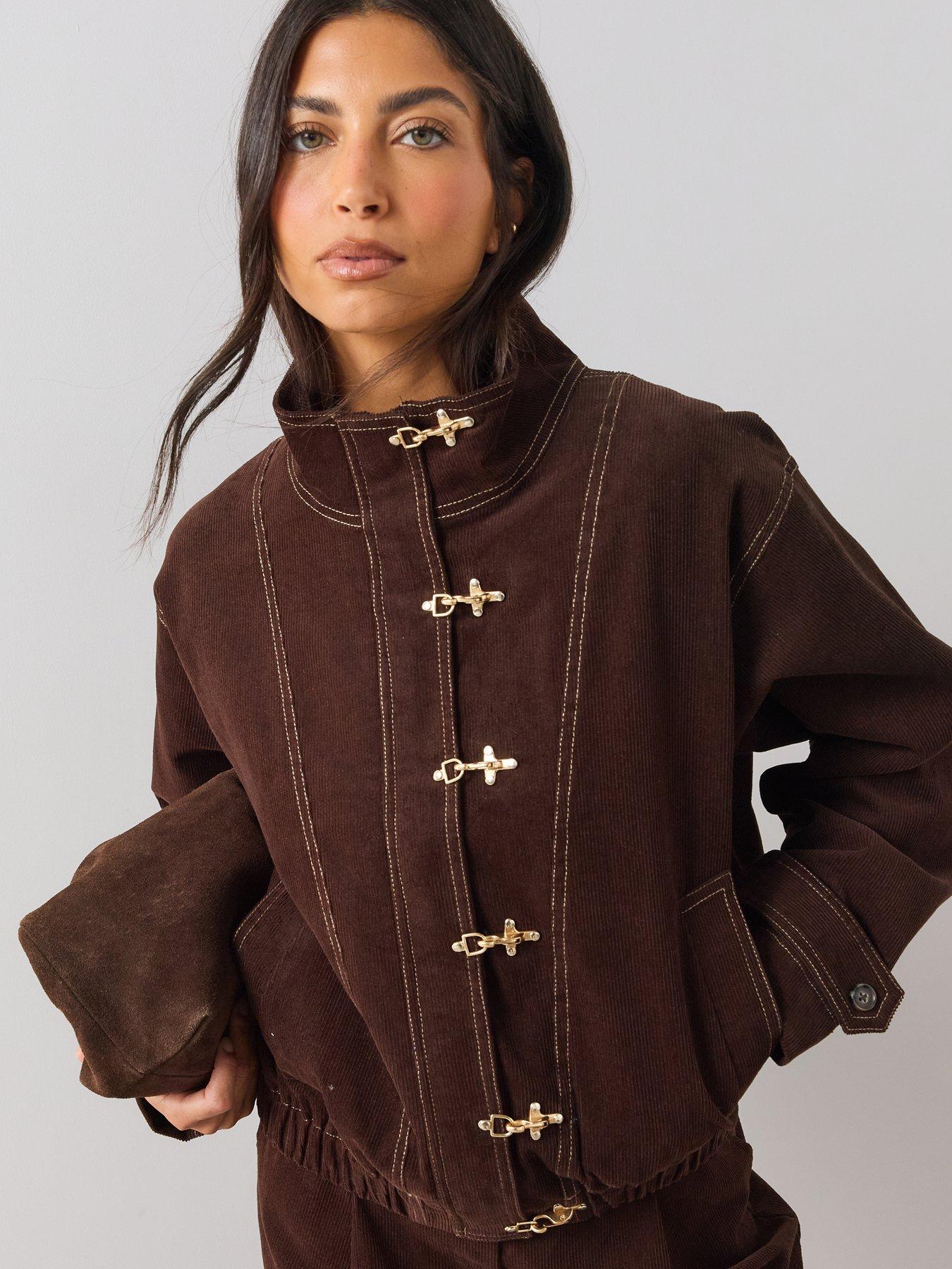 Image 1 of 7 of The Very Collection Womens Funnel Neck Cord Frog Fastening Bomber Jacket - Brown