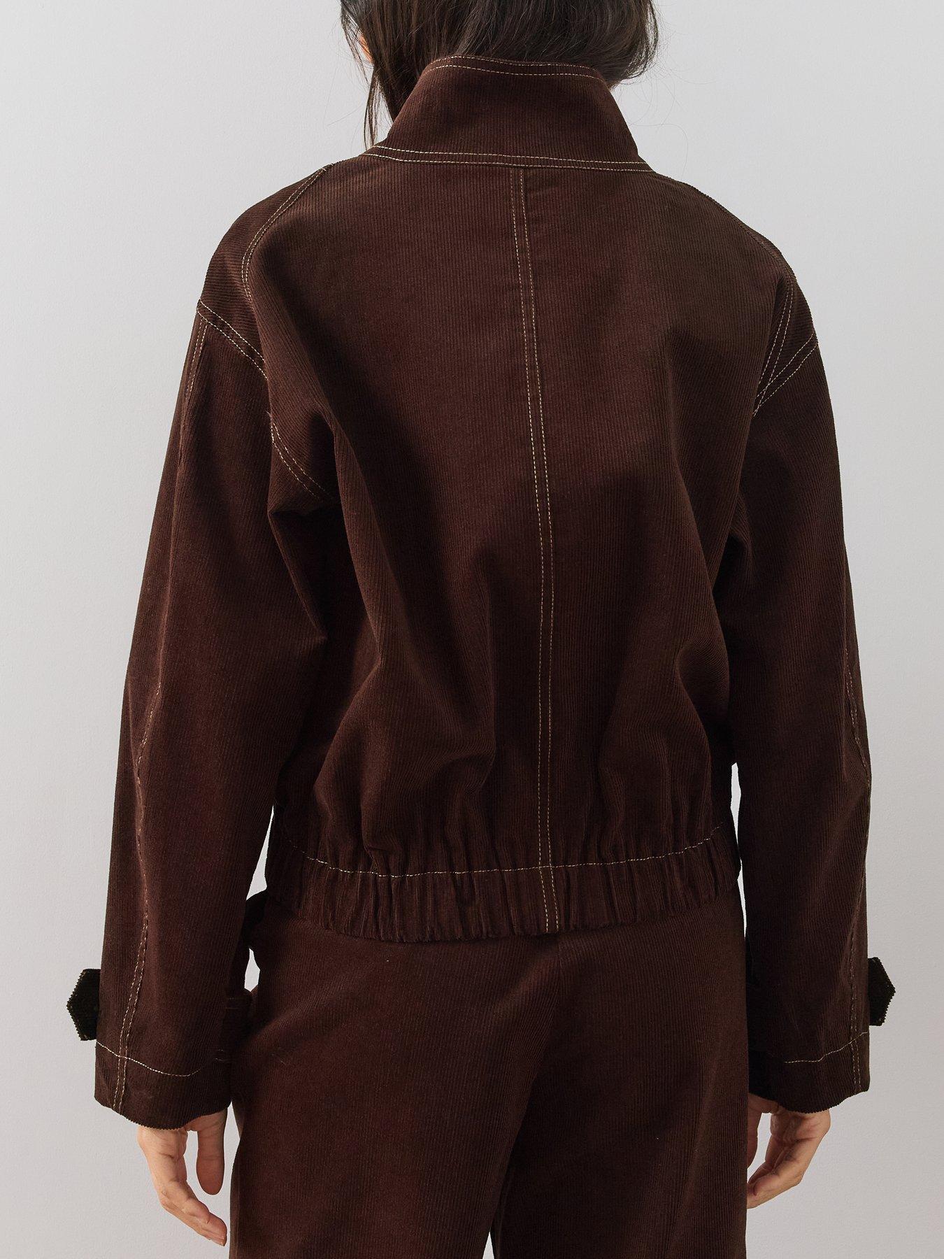 Image 2 of 7 of The Very Collection Womens Funnel Neck Cord Frog Fastening Bomber Jacket - Brown