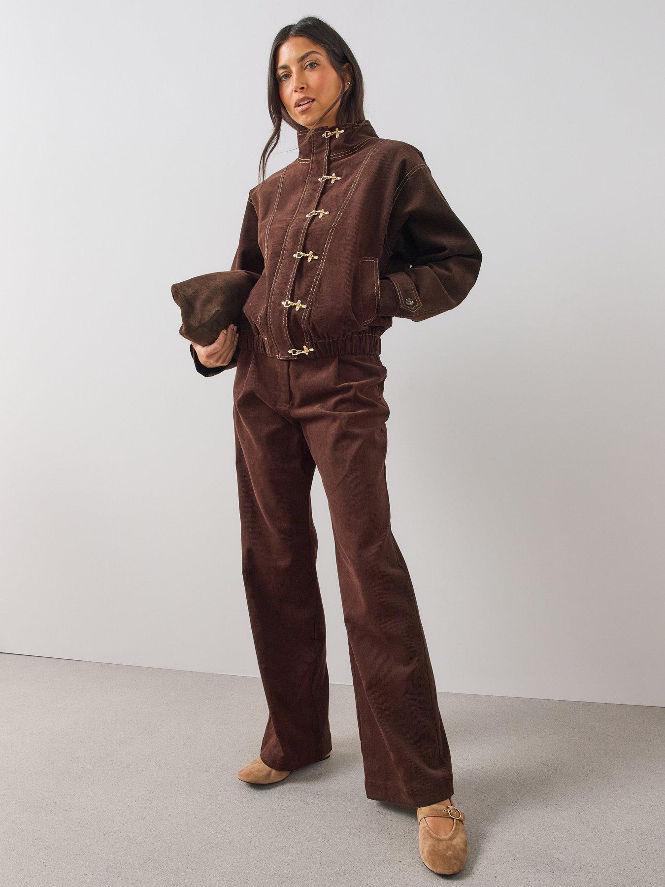 Image 3 of 7 of The Very Collection Womens Funnel Neck Cord Frog Fastening Bomber Jacket - Brown