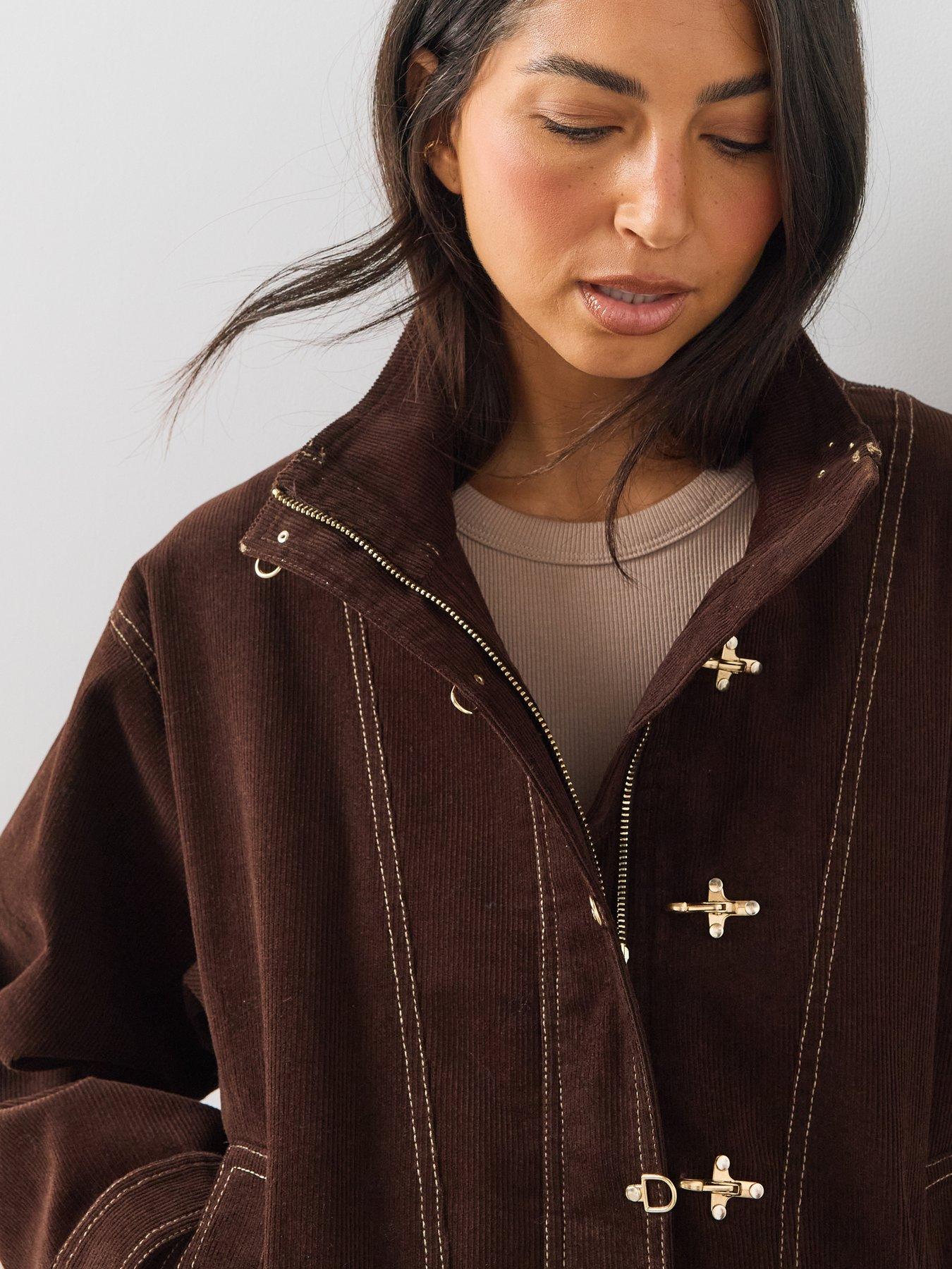 Image 4 of 7 of The Very Collection Womens Funnel Neck Cord Frog Fastening Bomber Jacket - Brown