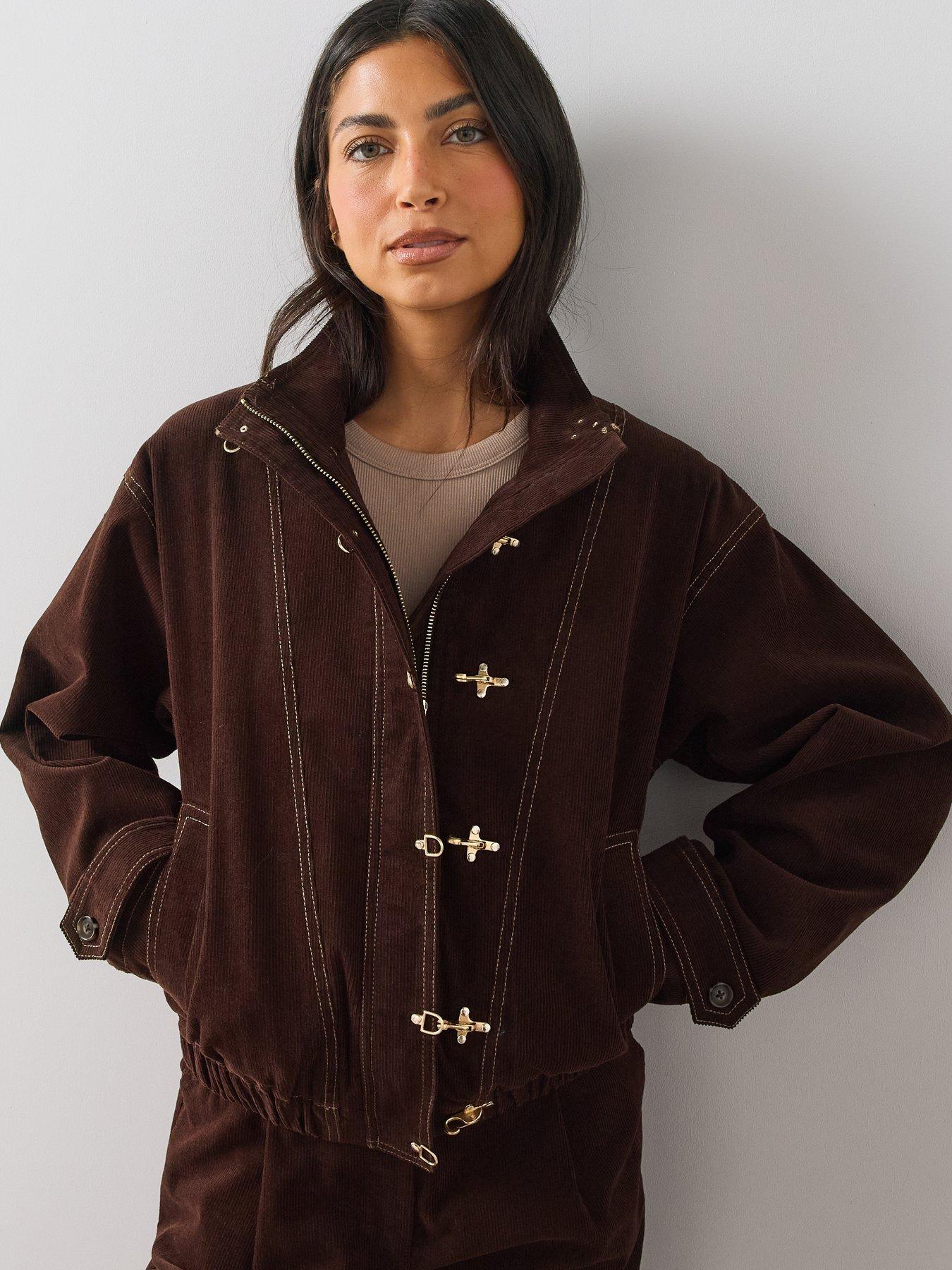 Image 5 of 7 of The Very Collection Womens Funnel Neck Cord Frog Fastening Bomber Jacket - Brown