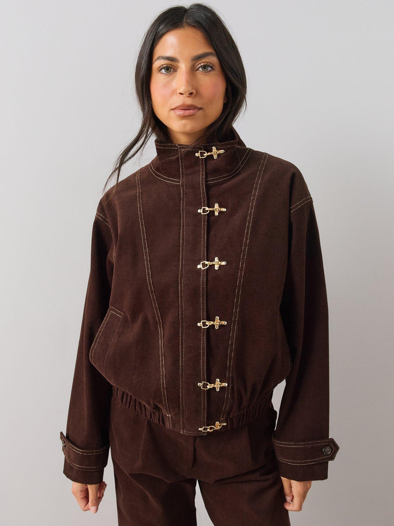 Image 6 of 7 of The Very Collection Womens Funnel Neck Cord Frog Fastening Bomber Jacket - Brown