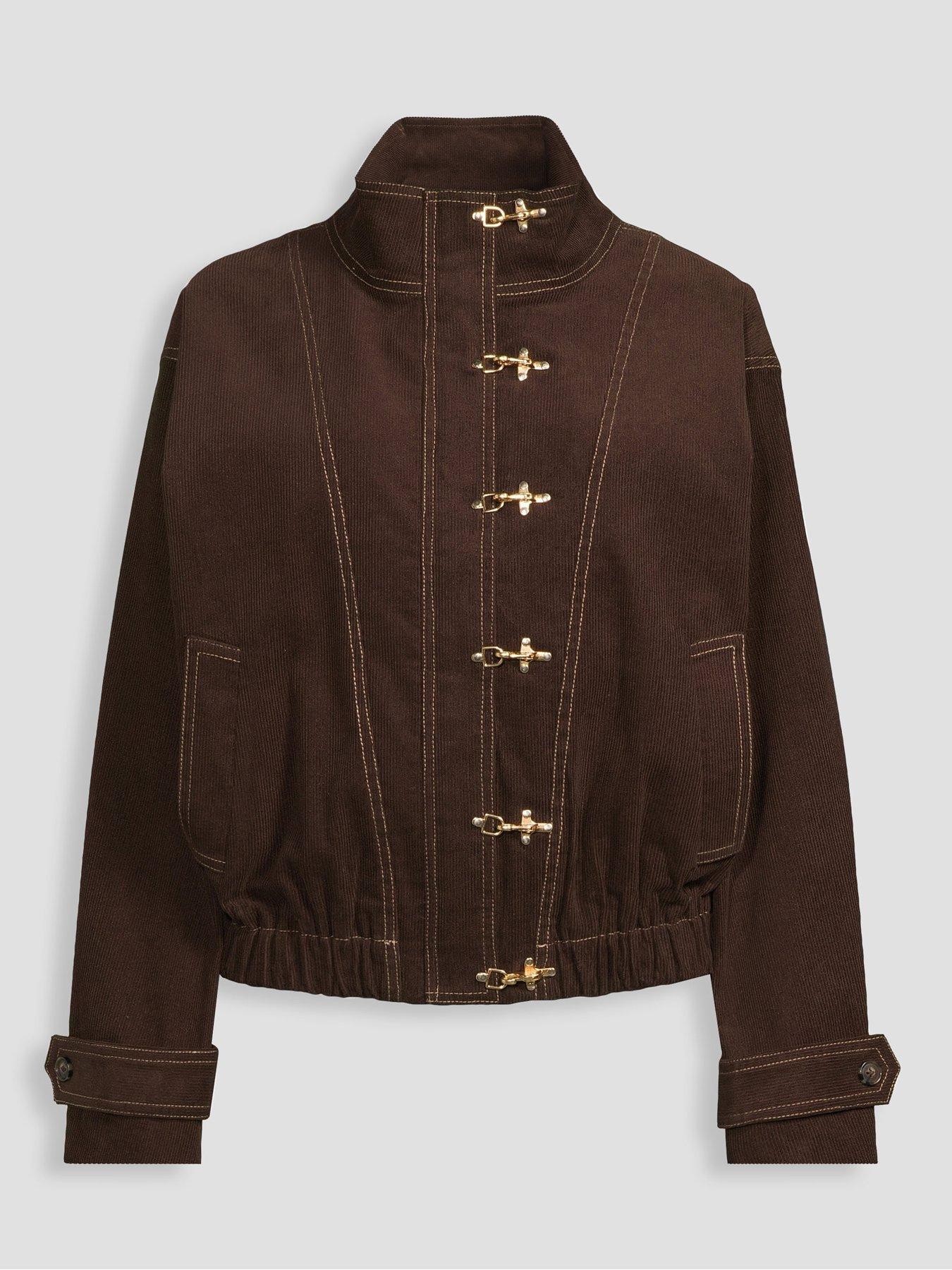 Image 7 of 7 of The Very Collection Womens Funnel Neck Cord Frog Fastening Bomber Jacket - Brown