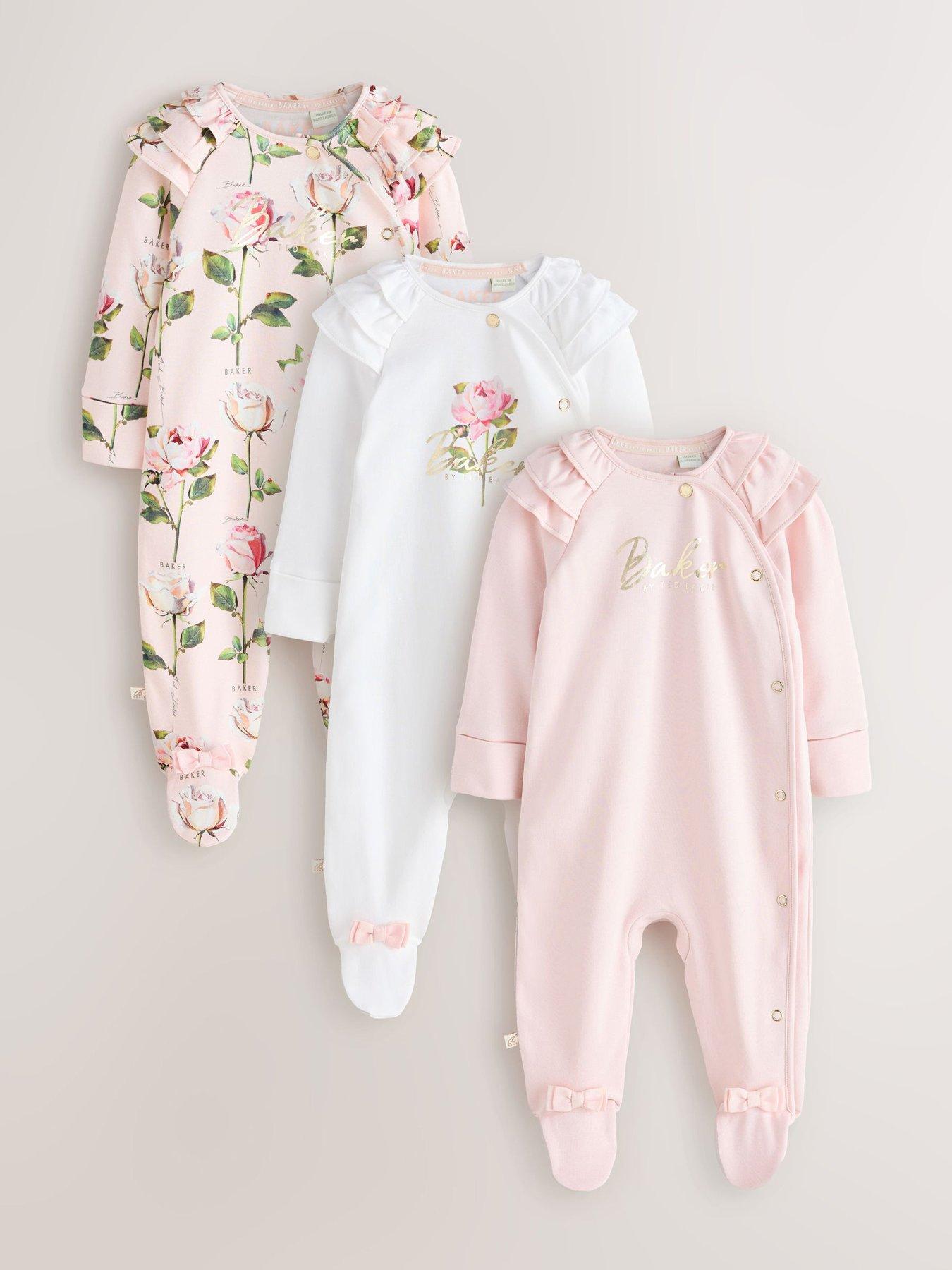 Ted Baker Baby Girls Floral 3 Pack Sleepsuits, Pink, Size Newborn
