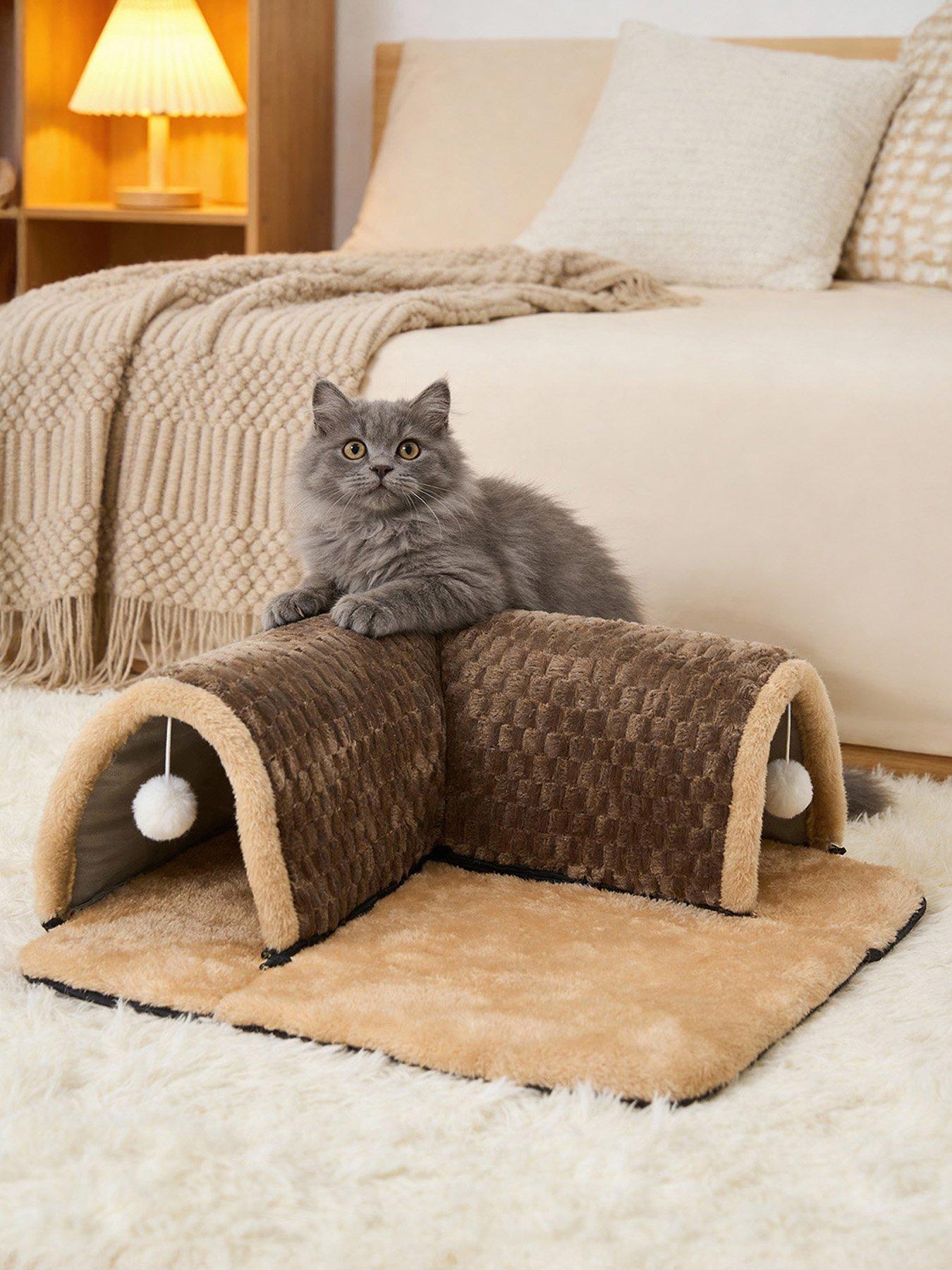 Image 1 of 7 of Living and Home Brown Medium Soft Semi-Enclosed Cat Play Tunnel with Hanging Balls, 60cm W x 60cm D x 15cm H