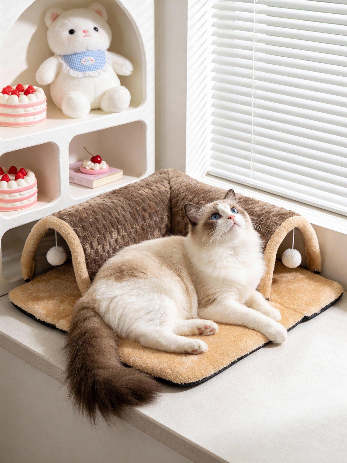 Image 4 of 7 of Living and Home Brown Medium Soft Semi-Enclosed Cat Play Tunnel with Hanging Balls, 60cm W x 60cm D x 15cm H