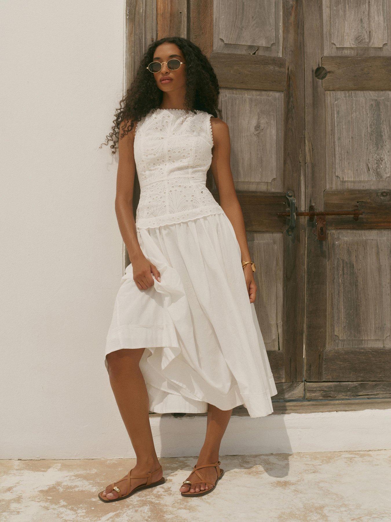 Mint Velvet Broderie Drop Waist Midi Dress - White