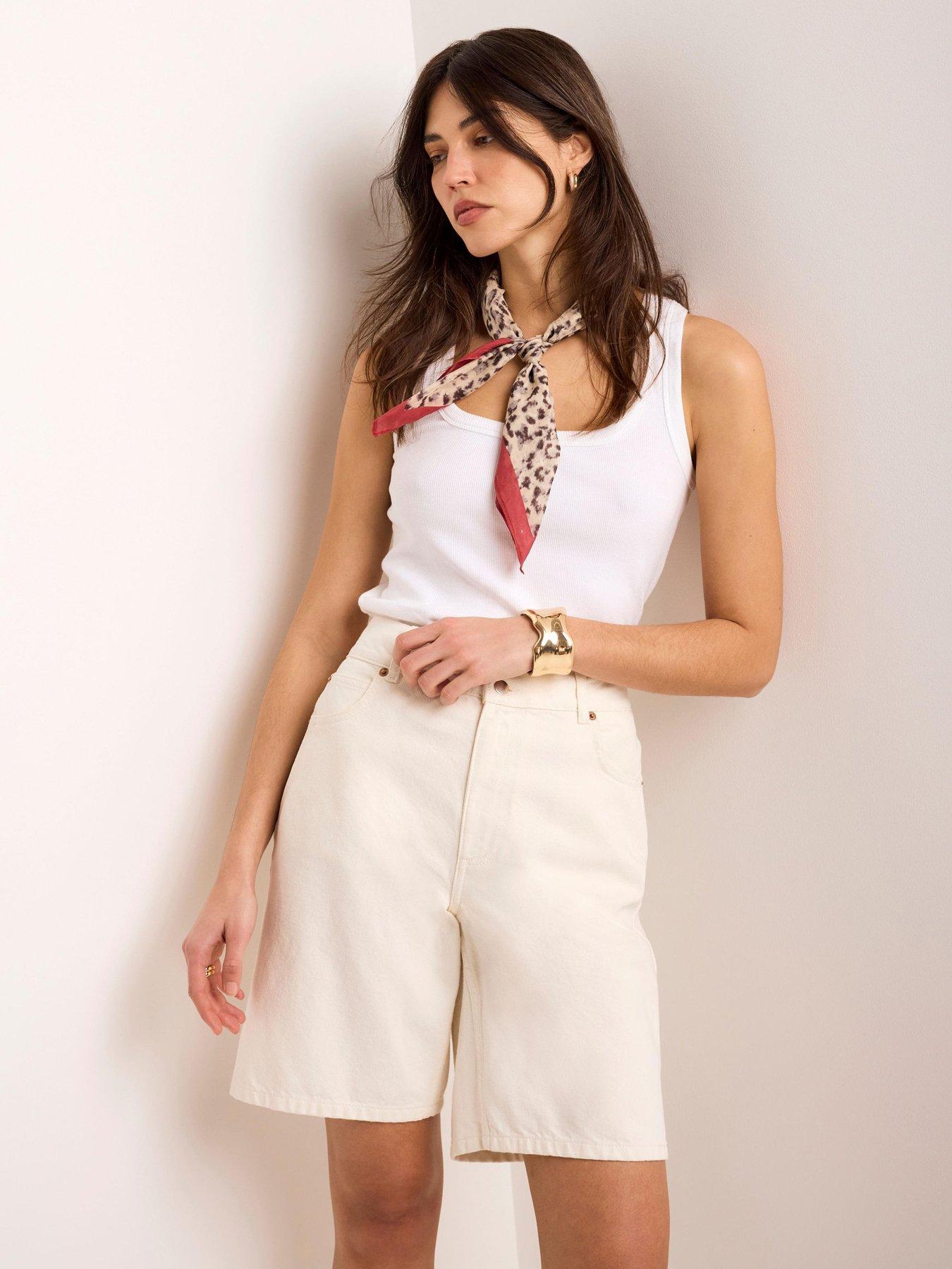 Image 1 of 6 of Mint Velvet Ivory Denim Mid Length Short